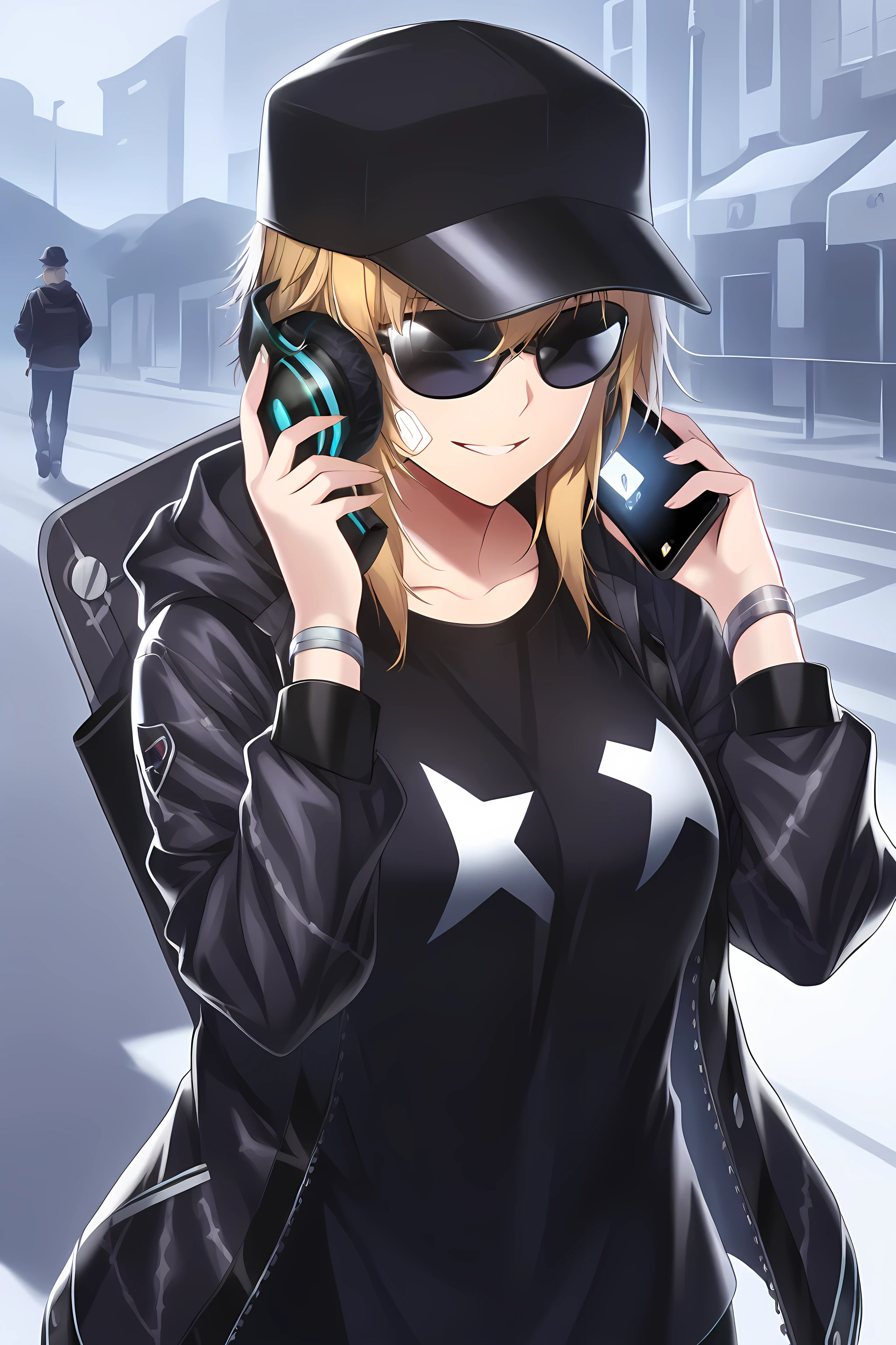 amy_firstwing, hat, phone, sunglasses, jacket, holding phone, 1girl, holding, black headwear, cellphone, shirt, black shirt, blonde hair, baseball cap, smile, talking on phone, open clothes, hood, black jacket, open jacket, collarbone, long sleeves, outdoors, solo focus<lora:amy-counterside:1>, (masterpiece),(best quality),(ultra-detailed),(best illustration),(best shadow),(absurdres),(detailed background),(very aesthetic),