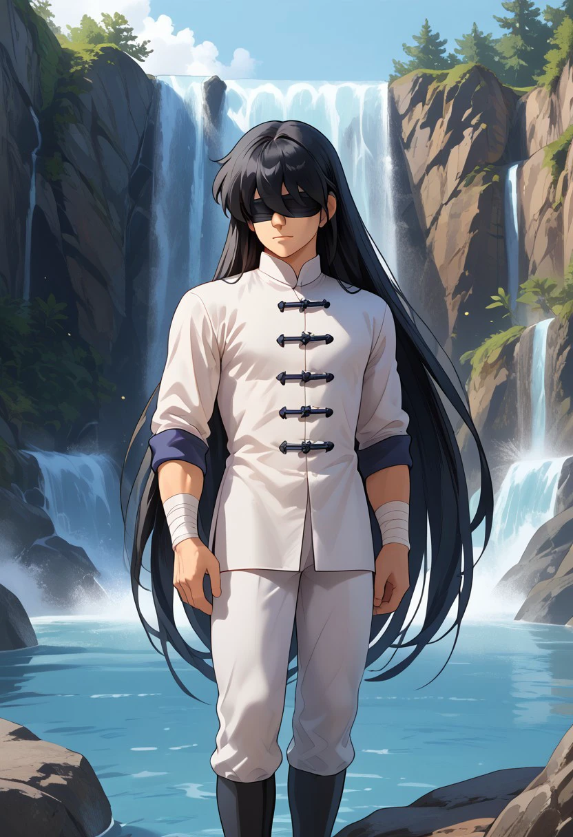 score_9, score_8_up, score_8, score_9, masterpiece, ultra high quality, hd render, male focus, Shiryu, young twink, very long hair, black hair, long bangs, hair over eyes, blindfold, eye bandages, light skin, chinese boy, chinese clothes, white shirt, shirt with ties, long shirt, white pants, black footwear, 
handsome boy, narrow features, standing, dynamic pose, dynamic shot, looking at viewer, waterfall background, hd render, high quality,