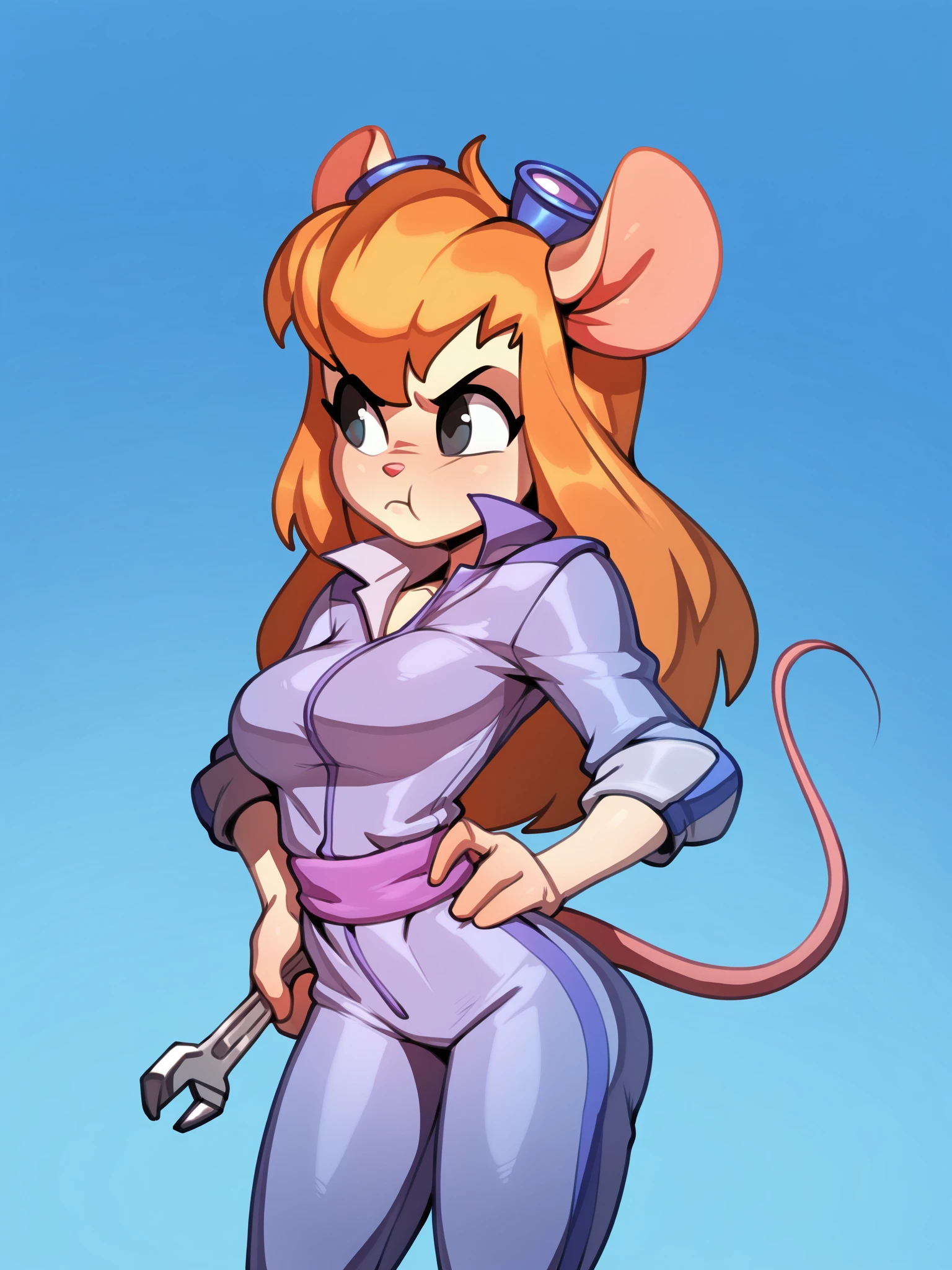 (masterpiece, best quality, very aesthetic, absurdres, artist:white-devil) (simple background, gradient background, blue background:1.2)
1girl, female, gadget hackwrench, mouse, jumpsuit, mechanic, medium breasts, holding wrench, medium breasts, annoyed, pout, frown, black eyes  <lora:White-devil_Style_Ill:1>