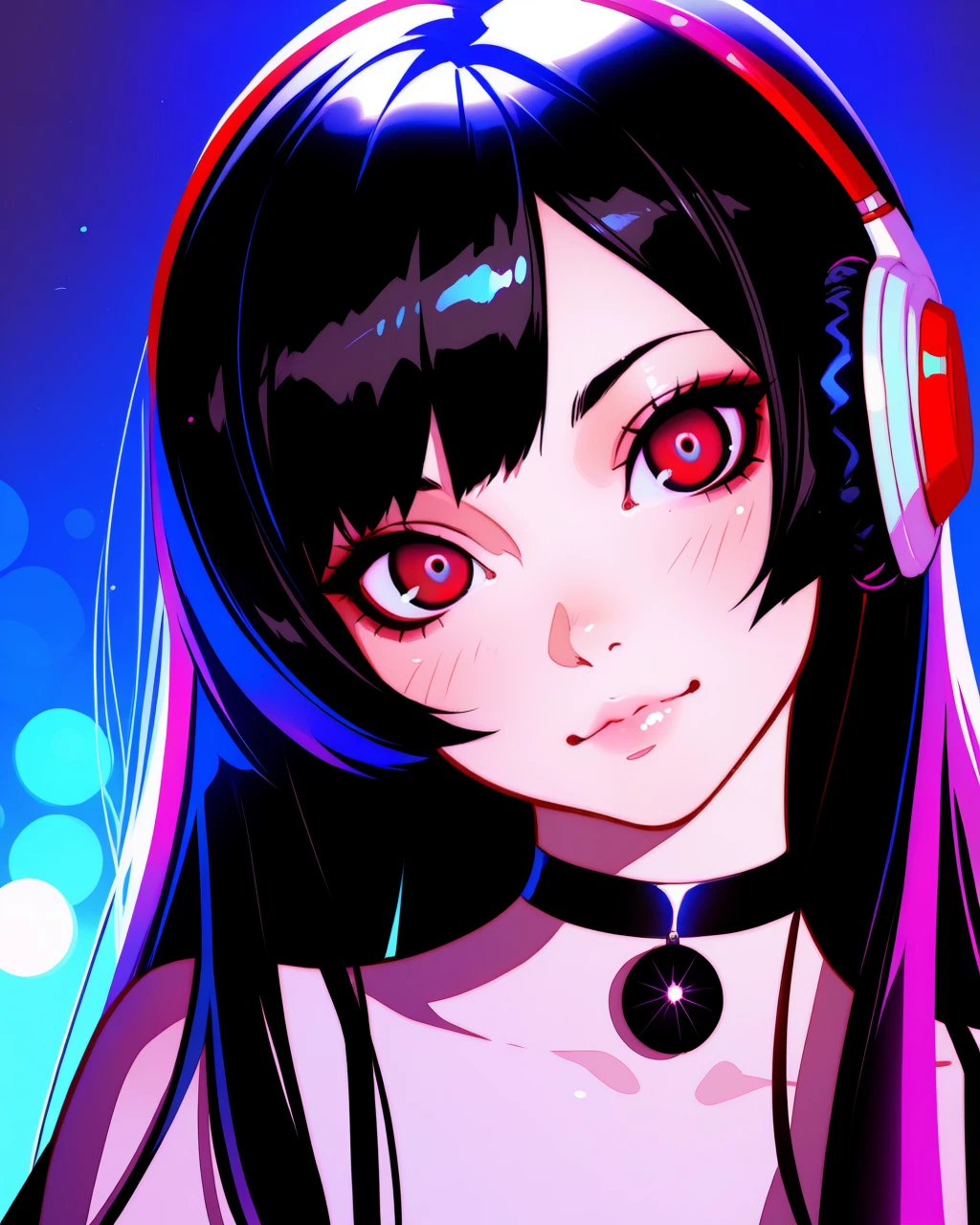 masterpiece, best quality, NeoNiILIK, vibrant, glossy style, bold, vivid colors, soft shading and highlights, expressive eyes, ilya kuvshinovâs style, 1girl, solo, headphones, long hair, black hair, choker, lips, bare shoulders, bangs, looking at viewer, upper body, red eyes, head tilt, soft lighting, pastel tones, anime-inspired art style, smooth shading, vibrant highlights, painterly textures, subtle gradients, delicate details, cinematic bokeh, glowing ambiance, crisp edges, bright and airy atmosphere, stylized realism, expressive color palette, warm and inviting mood, <lora:NeoNiILIK:0,7>