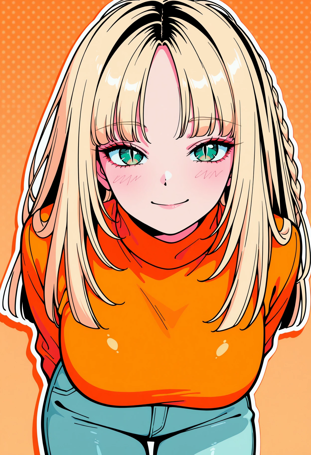 masterpiece, best quality, 1girl, solo, KoganeiNiko, green eyes, slit pupils, multicolored hair, blonde hair, black hair, long hair, side braid, parted bangs, turtleneck sweater, jeans, arms behind back, leaning forward, smile, blush, pastel colors, orange theme, 80's theme, city pop, colorful, thick outline, vector graphics, abstract background, <lora:ChamKoganeiNikoIllustriousXL:1>