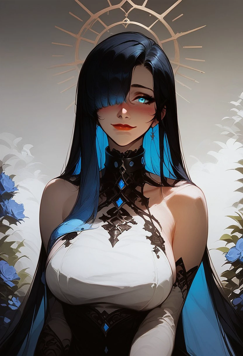 score_9, score_8_up, score_7_up,  
n0ct1v4nc3h4l0,NoctivanceHalo,Noctivance Halo,
rating_safe, 
1girl, solo, long hair, breasts, looking at viewer, blush, smile, bangs, blue eyes, 
large breasts, black hair, closed dress, gloves, dress, bare shoulders, closed mouth, 
blue hair, upper body, multicolored hair, elbow gloves, hair over one eye, collar, lips, 
gradient hair, red lips,