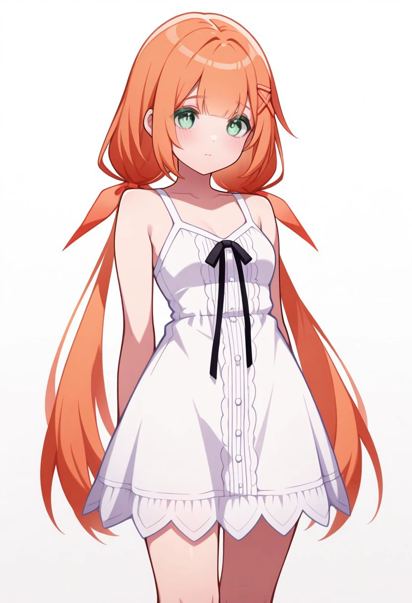 masterpiece, best quality, strelitzia (kingdom hearts), x hair ornament, low twintails, white dress, hair ribbon