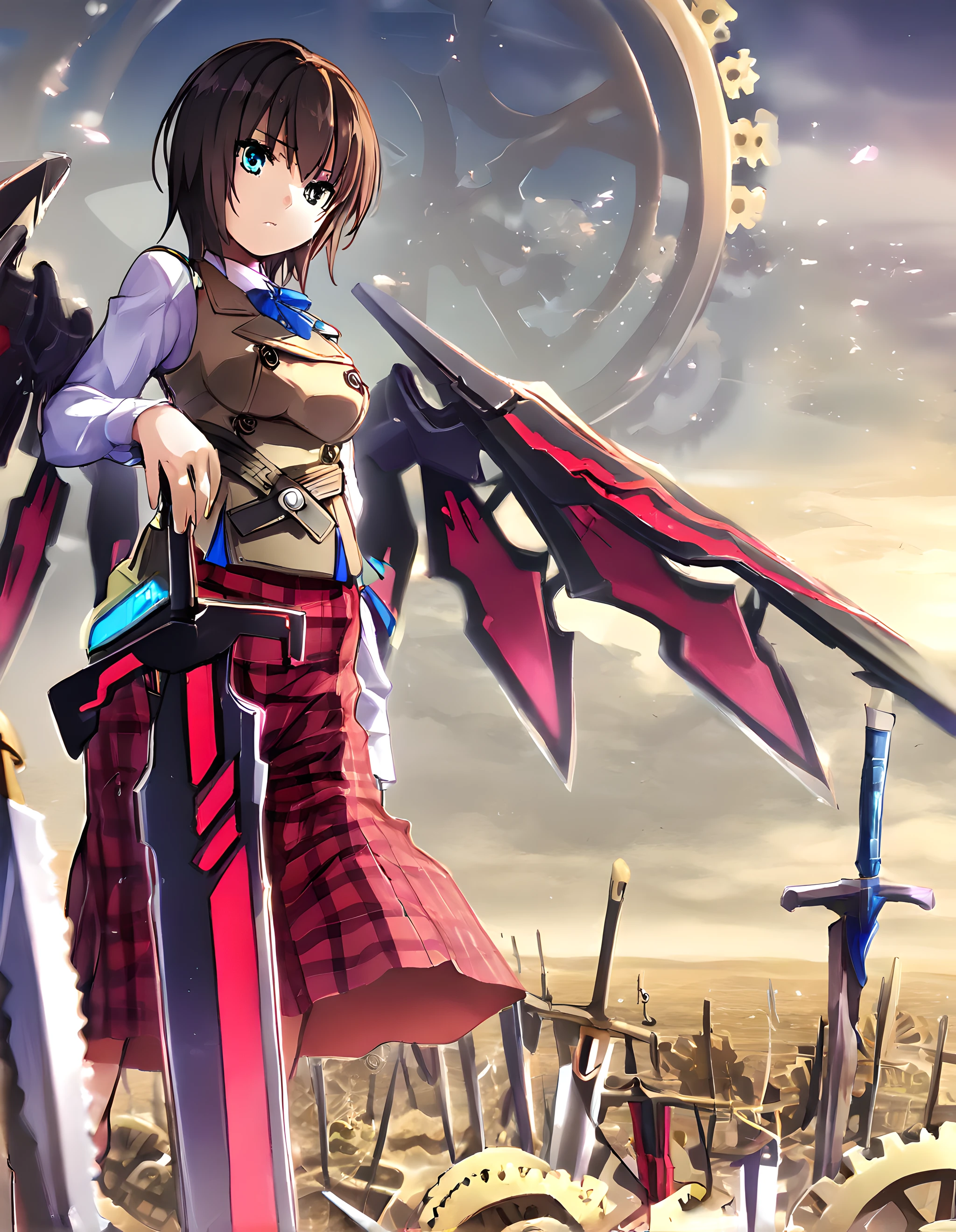 <lora:illustrious_XL_ubw:0.5>,ubw,gears,weapon,sword,planted sword,masterpiece,best quality,good quality,1girl,solo,<lora:illustrious_XL_aoi:0.9>,aoi,vest,red skirt,plaid skirt,mechanical wings,hills,