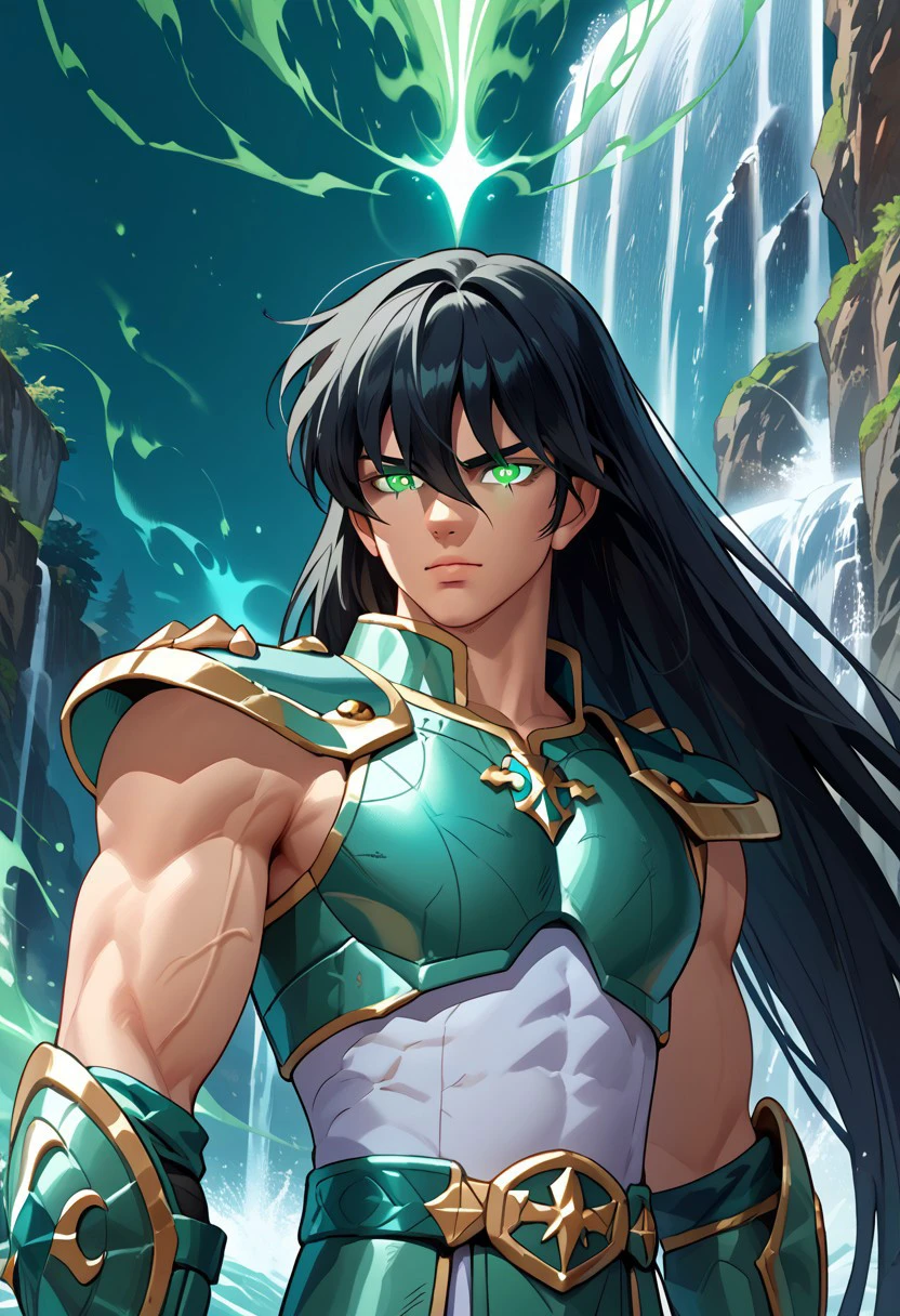 score_9, score_8_up, score_8, score_9, masterpiece, portrait, upper body focus, close shot, ultra high quality, hd render, male focus, Shiryu, young twink, very long hair, black hair, long bangs, hair over eyes, floating hair, green eyes, glowing eyes, light skin, chinese boy, handsome boy,
green armor, bara head, pauldrons, shoulder pads, vambraces, gauntlets, gloves, fingerless gloves, chest plate, green aura, body aura, aura glowing, 
narrow features, standing, front side view, dynamic pose, dynamic shot, dynamic angle, looking at viewer, waterfall background, hd render, high quality,