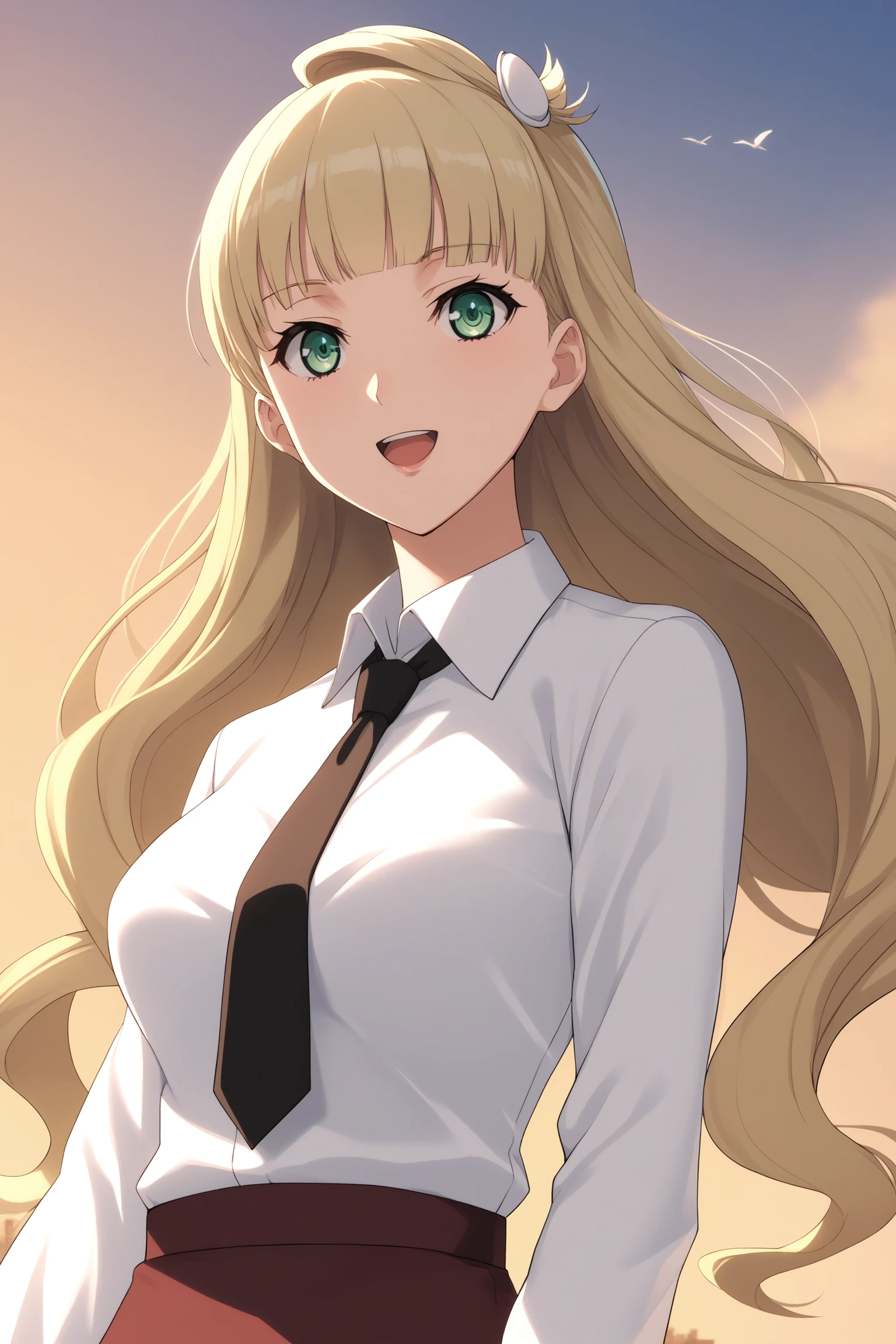 emilia edelman, blonde hair, very long hair, wavy hair, low twintails, sidelocks, blunt bangs, topknot, long sleeves, hair ornaments, blue eyes, (white shirt:1.5), collared shirt, black necktie, purple skirt, pencil skirt, white thighhighs, black footwear, knee boots, <lora:Emilia_Edelman:0.9>, score_9, score_8_up, score_7_up, score_6_up, score_5_up, source_anime, rating_safe, medium breasts, outdoors, rooftop, sunset, 1girl, solo, looking at viewer, <lora:age_slider_v4:1>, (upper body:1.4), (anime coloring:2), smile, open mouth, (wind:1.5), (floating hair:1.5)