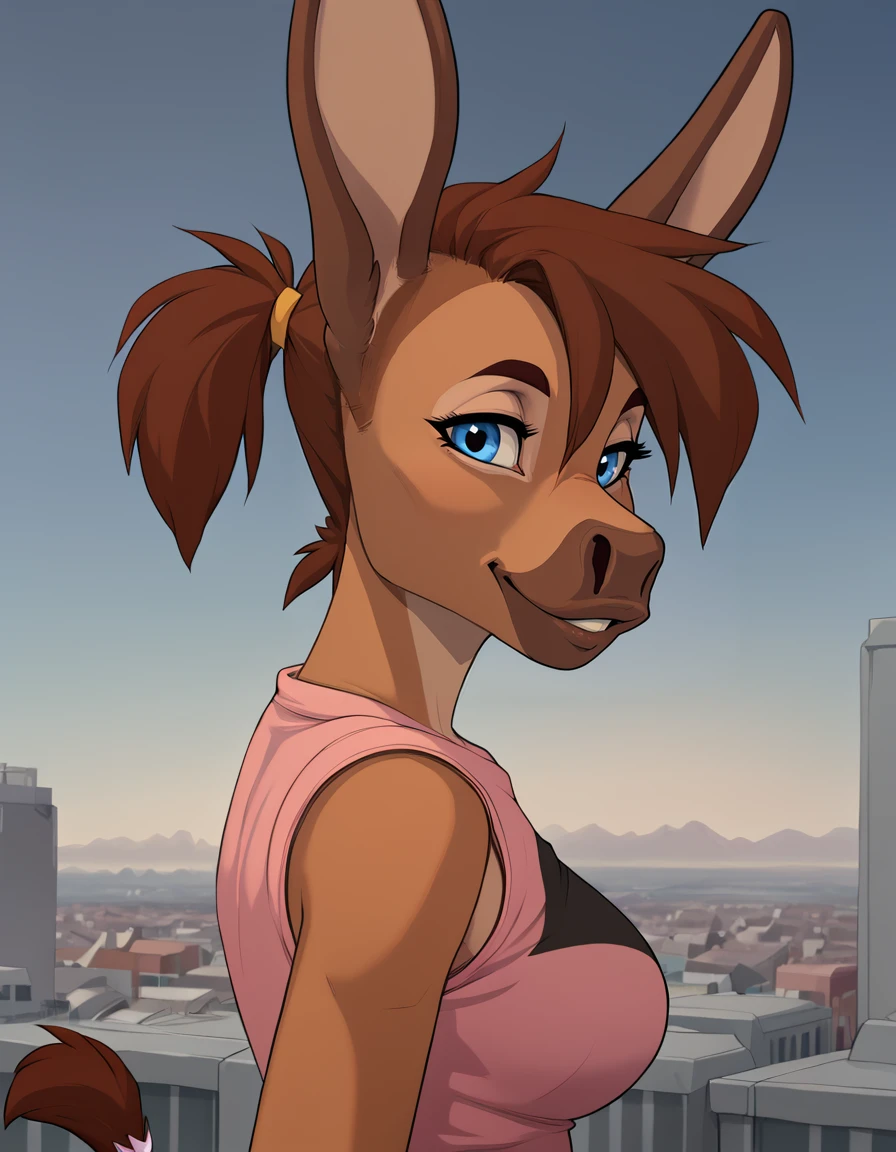 outdoors,city,
Kelly,1girl,solo,donkey girl,brown hair,animal ears,blue eyes,furry female,short hair,short ponytail,donkey ears,animal nose,donkey tail,body fur,
upper body,headshot,seductive smile,long eyelashes,parted lips, 
pink t-shirt, 
<lora:Kelly_v001_PDXL:1>,