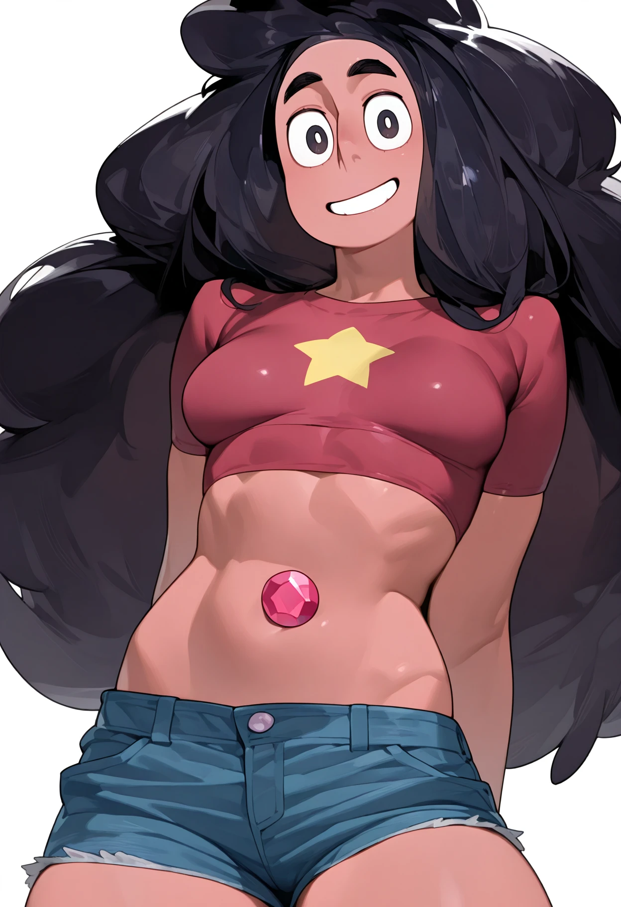 <lora:eatsleep111SDXL:1>, best quality, masterpiece, eatsleep1111, stevonnie (steven universe), 1girl, , tan, white background, simple background, long hair, midriff, denim shorts, red shirt, crop top, smile, black hair, navel, short shorts, looking at viewer, black eyes, blue shorts, thick eyebrows, big hair, cropped shirt, star print, pink stomach jewel, <lora:StevonnieCharacterSDXL:1>