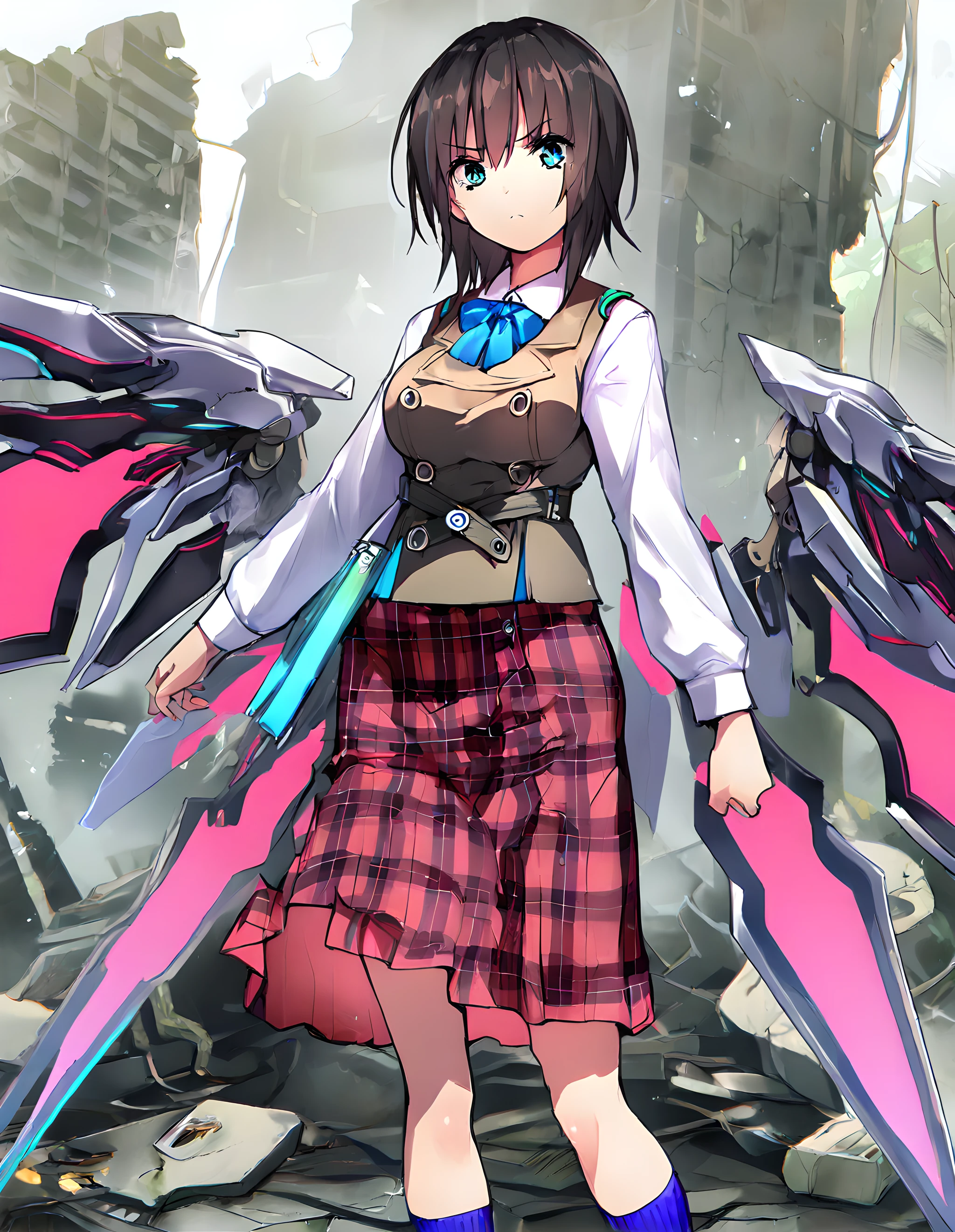 <lora:illustrious_XL_aoi:0.9>,aoi,masterpiece,best quality,good quality,1girl,solo,school uniform,vest,white collared shirt,long sleeves,blue bowtie,red skirt,plaid skirt,blue socks,mechanical wings,outdoor,rubble_ruins,cowboy_shot,standing,v-shaped eyebrows,