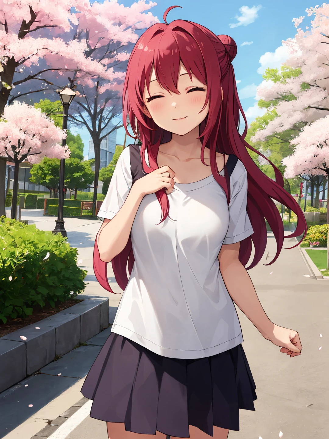 <lora:Akaza_Akane_0R:0.7>
akazaakane, closed eyes, pink hair, long hair, ahoge, hair between eyes, single hair bun
shirt, skirt
masterpiece, best quality, ultra-detailed, detailed, detailed skin, absurdres, 8k, digital art
1girl, solo, facing viewer, standing, looking at viewer, standing, cowboy shot, smile
(outdoors, park, cherry blossoms, tree, bush, flower bed, grass, road, street, asphalt, stone floor)