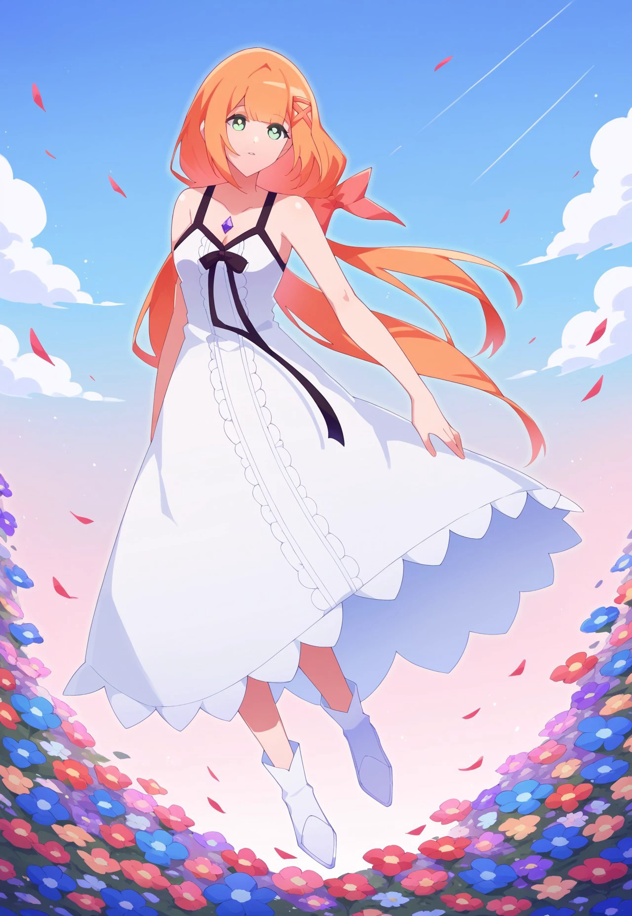 safe_pos, score_9, score_8, score_7, source_anime, strelitzia (kingdom hearts), :d, hair bow, parted lips, white footwear, small breasts, full body, gem, cleavage, sky, flower