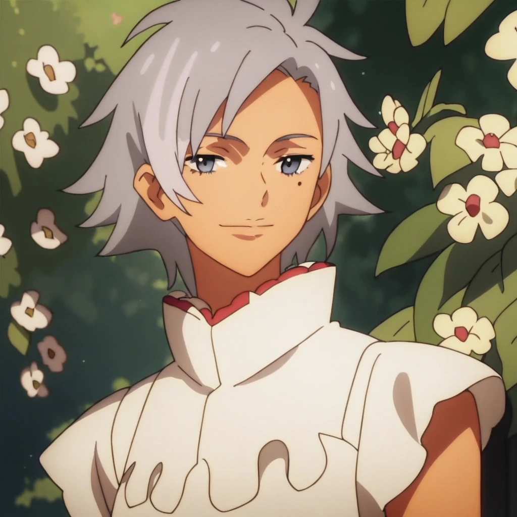 score_8, score_8_up, score_7_up, source_anime, anime screenshot, 1girl, female focus, solo, Helena_CF, silver hair, medium hair, bangs, asymmetrical hair, mole under eye, dress, white dress, upper body, smile, looking at viewer, outdoors, garden, tree, flowers