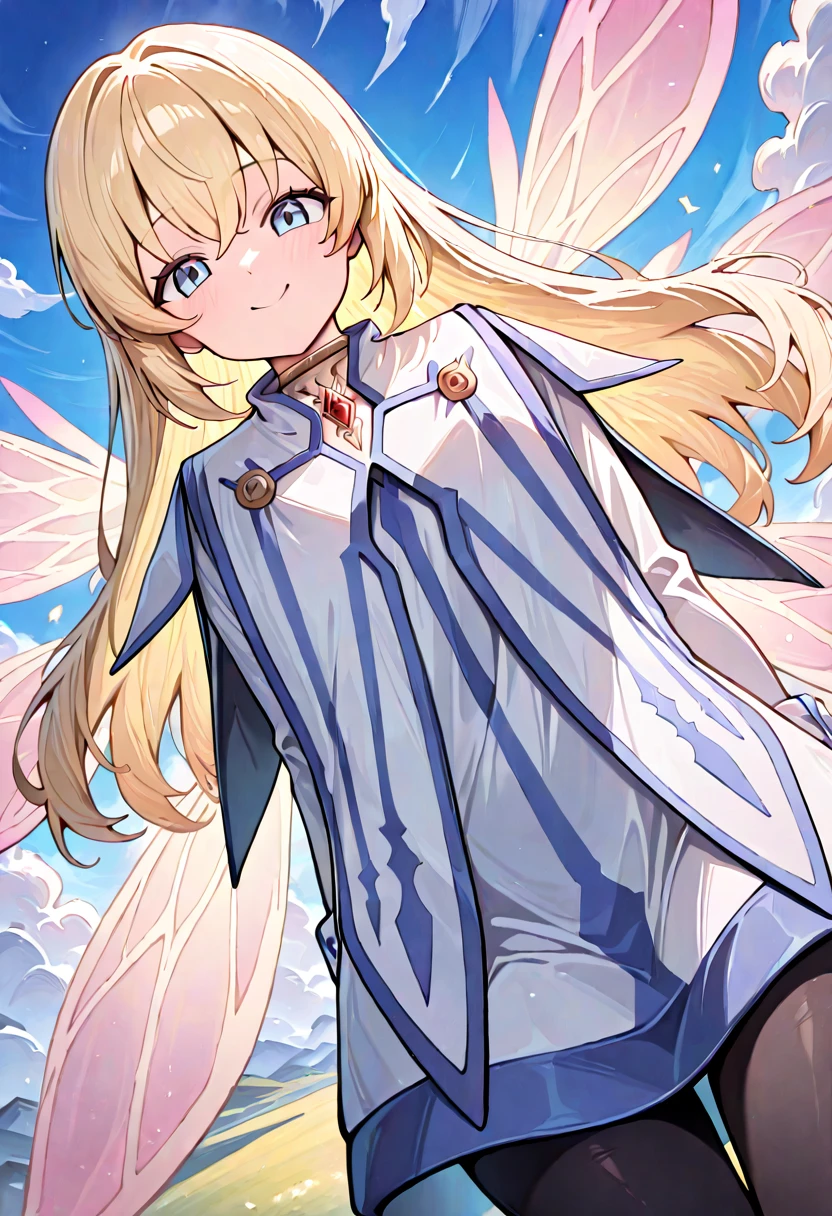 masterpiece,best quality,absurdres,perfect lighting,sky,cloudy sky,
*//*,<lora:ColetteBrunel-v3.0:1>,colettebrunel_n,1girl,blonde hair,long hair,blue eyes,black pantyhose,white dress,red jewelry,fairy wings,
*//*,looking at viewer,cowboy shot,dutch angle,upper body,smile,