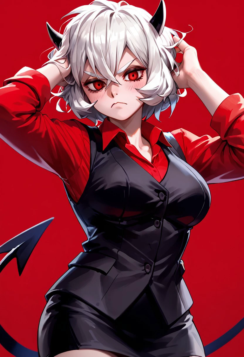 score_9, score_8_up, score_7_up, score_6_up, masterpiece,best quality,amazing quality, ARGENreboot, ARGEN_style, malina(helltaker), large breasts, htmalina, demon horns, black horns, white hair, shirt, short hair, blush, black skirt, demon horns, demon girl, solo, demon tail, looking at viewer, red shirt, 1girl, red background, hand on own head, waistcoat, vest, skirt, red eyes, black vest, black tail, simple background, horns, tail,pastel color