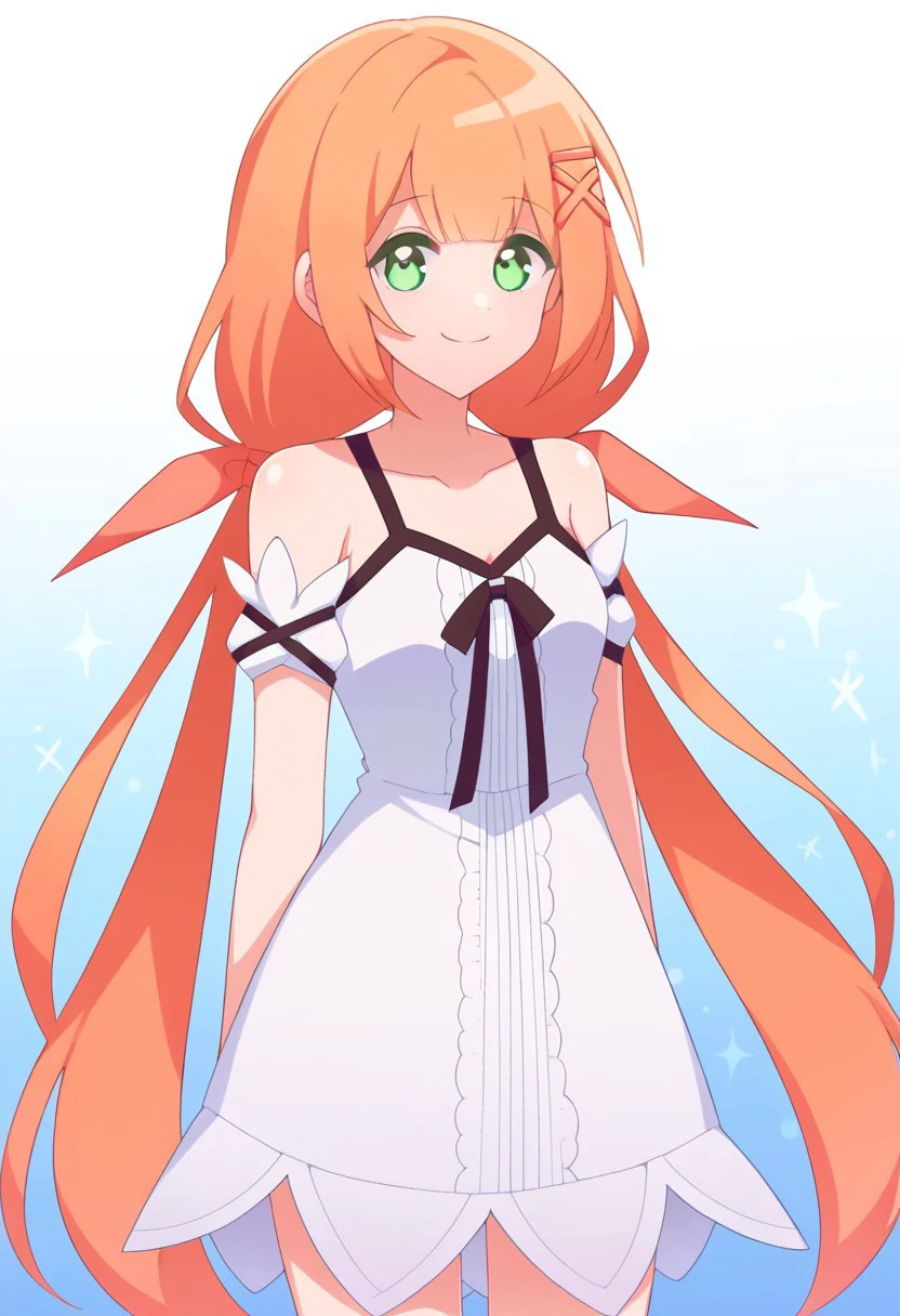 score_9, score_8, score_7, source_anime, strelitzia (kingdom hearts), 1girl, solo, x hair ornament, low twintails, bare shoulders, ribbon, white dress, hair ribbon, looking at viewer, smile