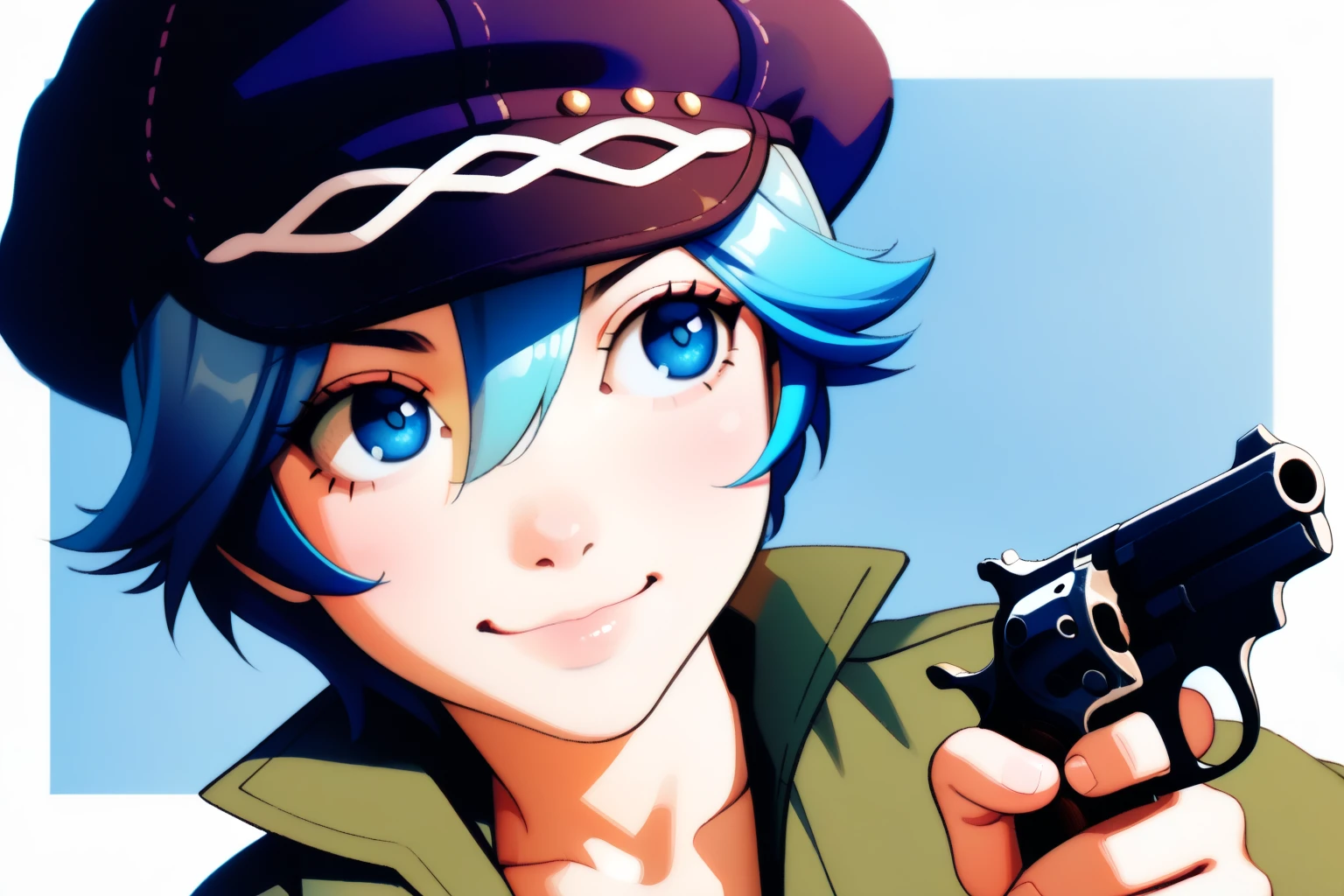 masterpiece, best quality, 1girl, solo, gun, weapon, hat, short hair, cabbie hat, blue hair, handgun, reverse trap, androgynous, revolver, smile, <lora:NeoNiILIK:0.7> NeoNiILIK, vibrant, glossy style, bold, vivid colors, soft shading and highlights, expressive eyes, ilya kuvshinovâs style, soft lighting, pastel tones, anime-inspired art style, smooth shading, vibrant highlights, painterly textures, subtle gradients, delicate details, cinematic bokeh, glowing ambiance, crisp edges, bright and airy atmosphere, stylized realism, expressive color palette, warm and inviting mood