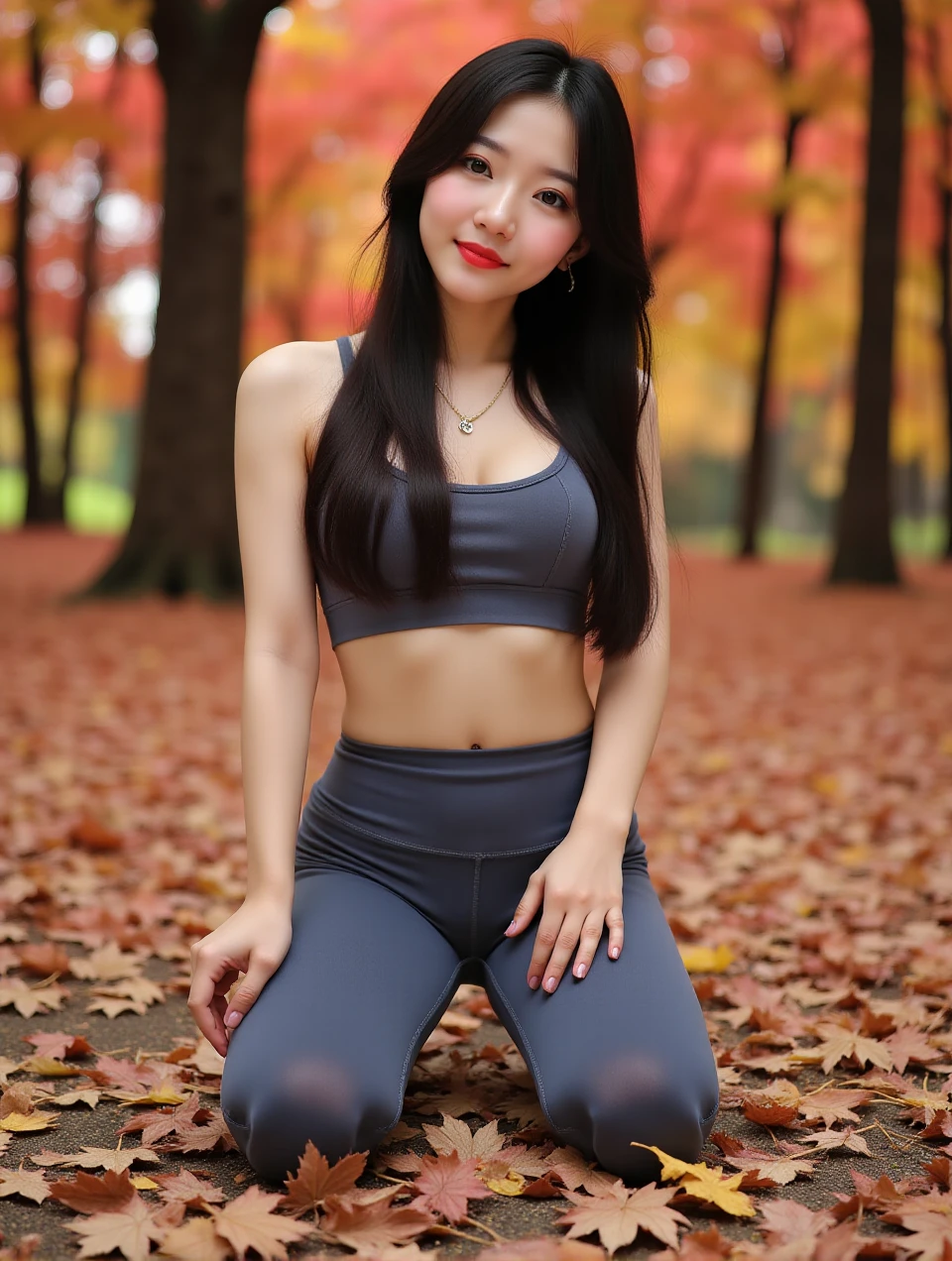 Raw photo, The foreground of this photo features a stunning young asian woman, long black hair, black eyes, seductive expression on her lips, perfect breasts, flat stomach, slim hips, dynamic pose, dreamlike atmosphere, creative blending, She is wearing a random color yogapants and tank top, background Autumn forest, there are a few scattered leaves on the ground, which add an element of natural beauty to this otherwise erotic scene, vibrant colors, with shades of red, orange and yellow dominating the composition.coh24, yogapants.