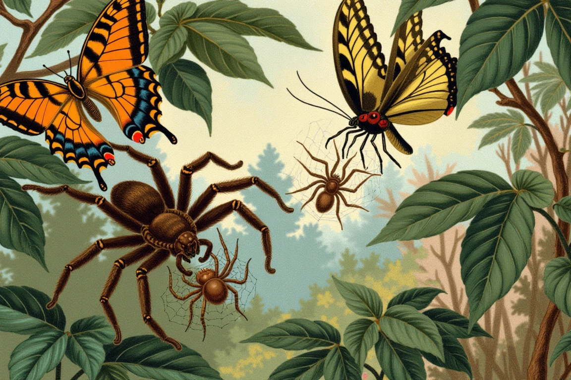 An illustration in John George Wood style, coloured crayons, a vibrant illustration featuring a striking butterfly, an intricate spider with its web and prey amidst lush foliage.