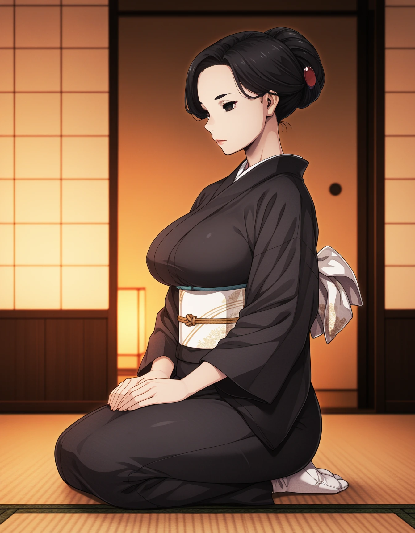 1girl, solo, nagami misuzu, mature female, black hair, short hair, single hair bun, forehead, black eyes, lips, expressionless, large breasts, black kimono, obi, obiage, sash, white tabi, hands on lap, seiza, sitting on tatami, indoors, japanese house, from side, dark theme, masterpiece, best quality, very aesthetic <lora:nagami_misuzu_illustrious_v1:0.8>