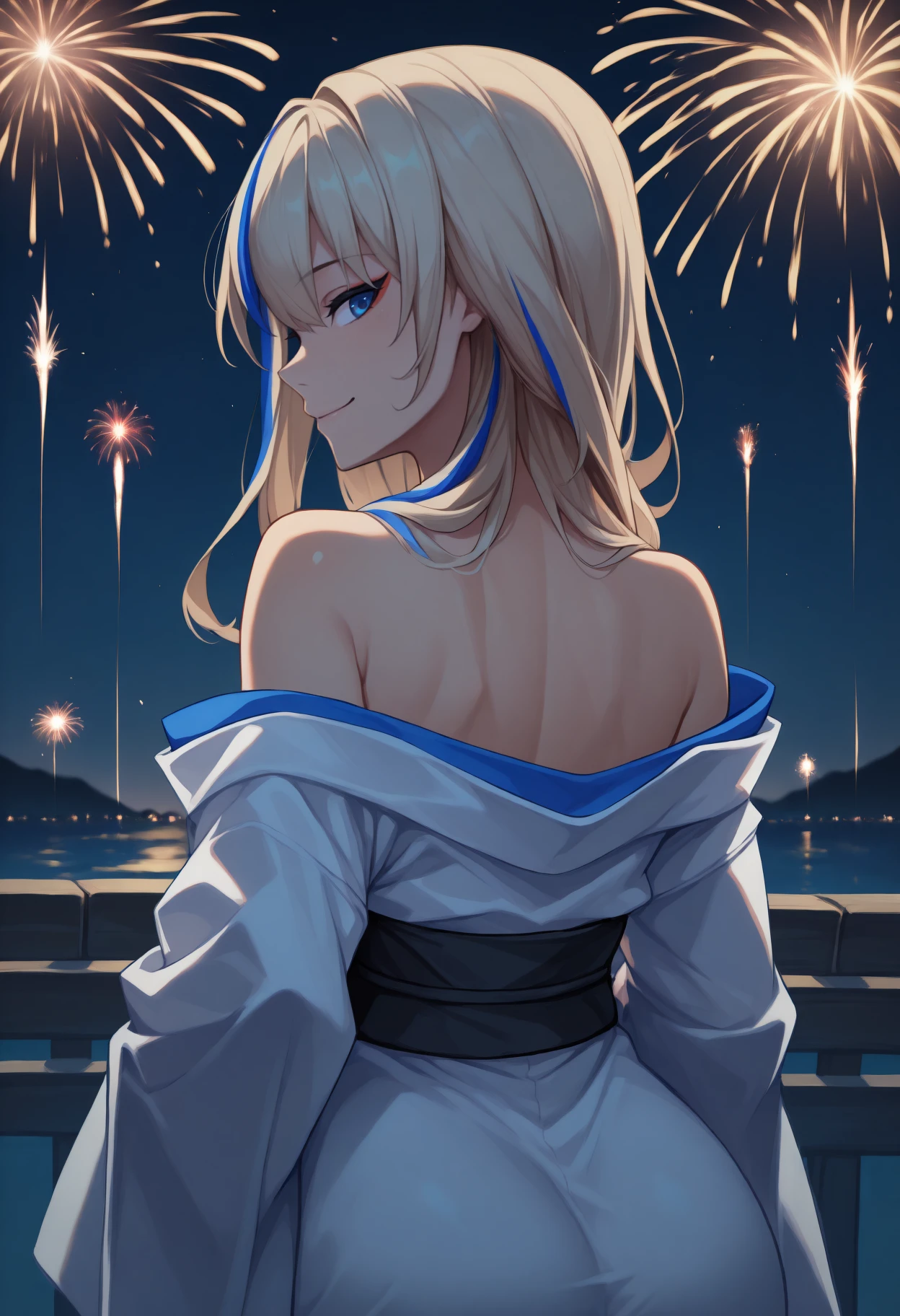 anime, masterpiece, best quality, <break> from behind, solo, 1girl, s3rvall4ndau, smile, looking back, long hair, streaked hair, blonde hair, blue hair, blue eyes, japanese clothes, white kimono, off shoulder, black sash, bare shoulders, outdoors, night, fireworks
<segment:yolo-Anzhc Face seg 640 v2 y8n.pt,0.4,0.5//cid=1>