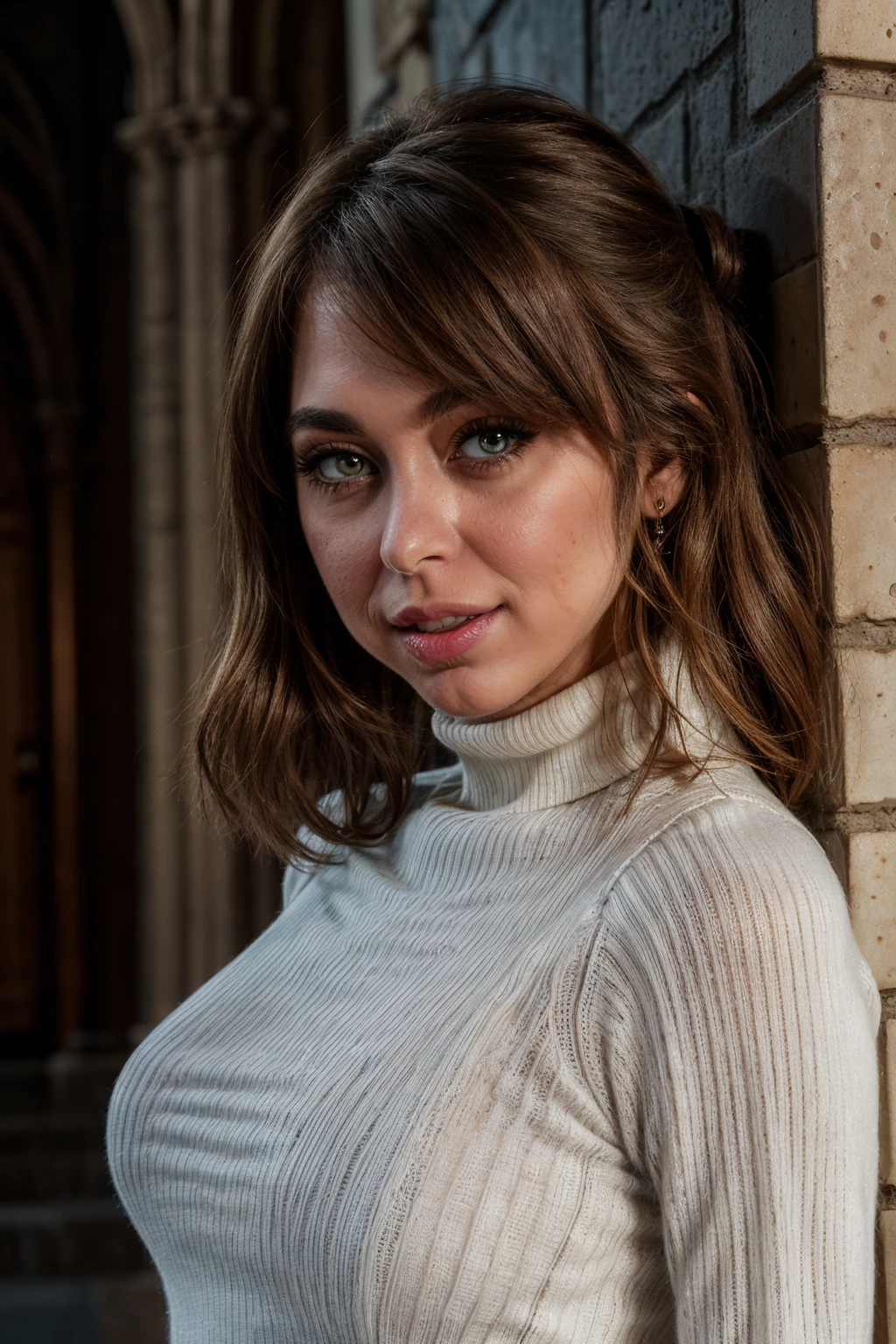 masterpiece, high resolution, cinematic, absurdres, photorealistic, realistic, photorealistic, octane render, 8k, volumetric. shot on GoPro, by Alessio Albi, photograph of a woman leaning against a wall, white turtleneck sweater dress, <lora:lora_perfecteyes_v1_from_v1_160:0.8>, photo of perfecteyes eyes, perfecteyes eyes, grey eyes, light brown hair. <lora:riley_reid_LoRA_0.2-000002:1>, rlyrd, riley reid. seductive smile, erotic look, Gothic Cathedral, stained glass windows, sculpted gargoyles. <lora:add_detail:1>, small breasts