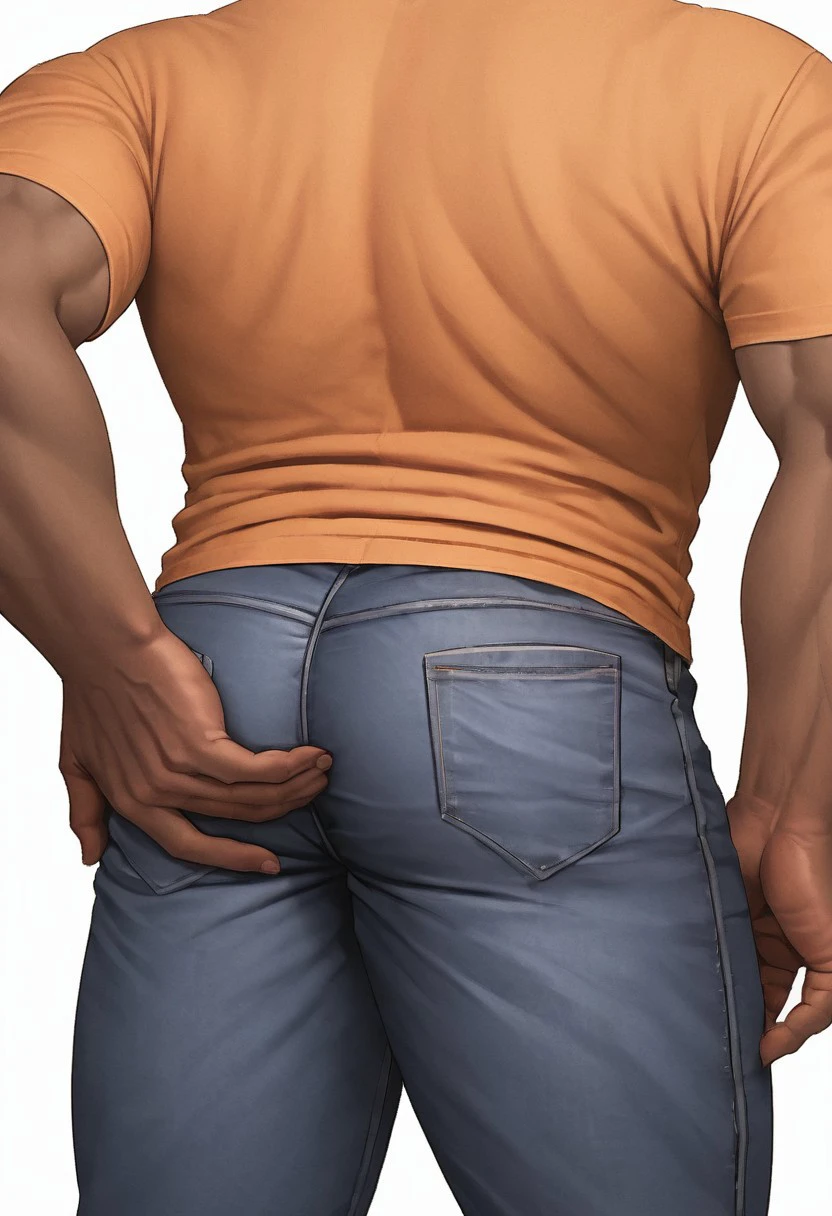ab9, short hair, scratching, simple background, brown hair, shirt, 1boy, white background, bodybuilder, male focus, male focus, pants, dark skin, muscular, facial hair, thick thighs, dark-skinned male, thick eyebrows, muscular male, bara, pants, from behind, denim, jeans, blue pants, facing away, orange shirt, solo, male, scratching ass