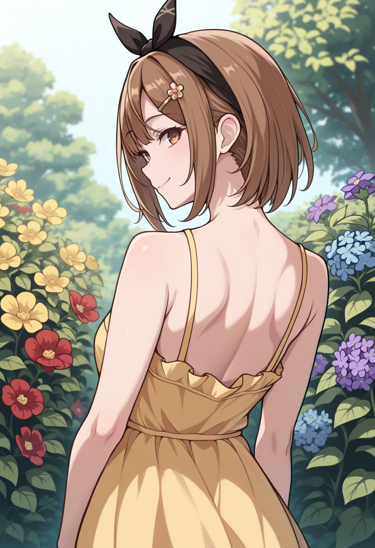 masterpiece, best quality, 1girl, solo, ReisalinStout, short hair, hairclip, black bow hairband, yellow sundress, sleeveless, shoulder blades, back, outdoors, garden, red flower, blue flower, yellow flower, purple flower, looking back, smile, <lora:ChamReisalinStoutIllustriousXL:1>