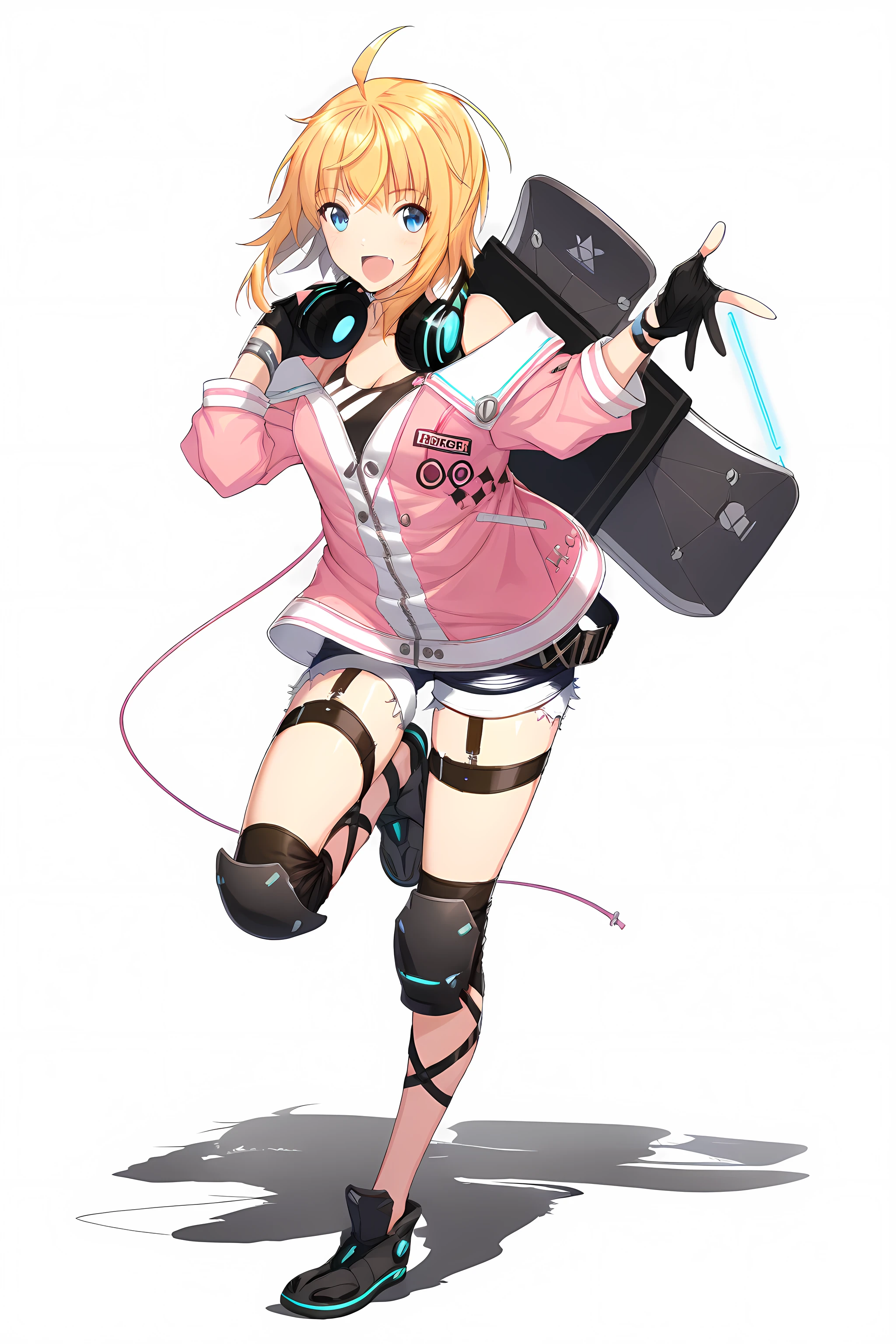 amy_strickland, 1girl, solo, blue eyes, blonde hair, shorts, headphones, gloves, short shorts, jacket, smile, fingerless gloves, open mouth, ahoge, black gloves, white background, headphones around neck, :d, looking at viewer, knee pads, off shoulder, simple background, standing, standing on one leg
<lora:amy-counterside:1>, (masterpiece),(best quality),(ultra-detailed),(best illustration),(best shadow),(absurdres),(detailed background),(very aesthetic),