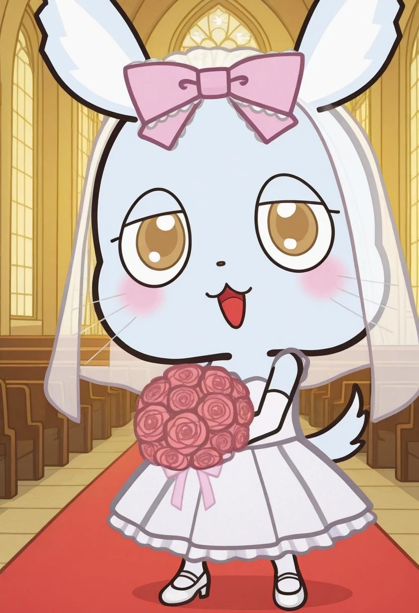 Man4ka, anthro, female, Aggretsuko, solo, blush, open mouth, skirt, bow, holding, no humans, :3, whiskers, wedding dress, wedding veil, church