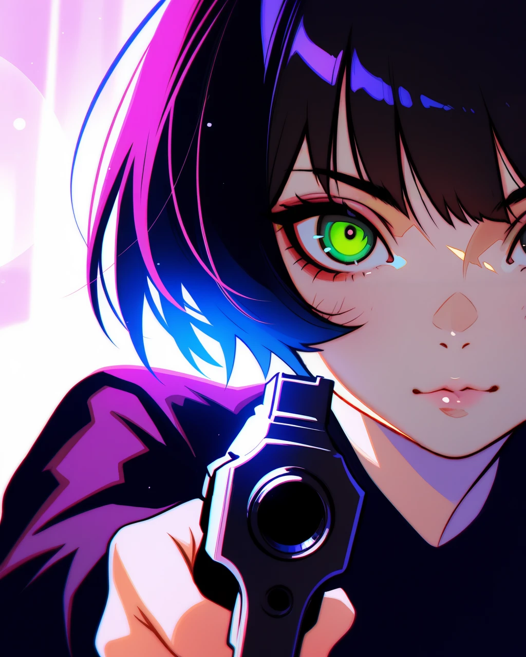 masterpiece, best quality, NeoNiILIK, vibrant, glossy style, bold, vivid colors, soft shading and highlights, expressive eyes, ilya kuvshinovâs style, 1girl, solo, weapon, black hair, gun, short hair, looking at viewer, lips, aiming at viewer, handgun, green eyes, holding weapon, close-up, holding, soft lighting, pastel tones, anime-inspired art style, smooth shading, vibrant highlights, painterly textures, subtle gradients, delicate details, cinematic bokeh, glowing ambiance, crisp edges, bright and airy atmosphere, stylized realism, expressive color palette, warm and inviting mood, <lora:NeoNiILIK:0,7>