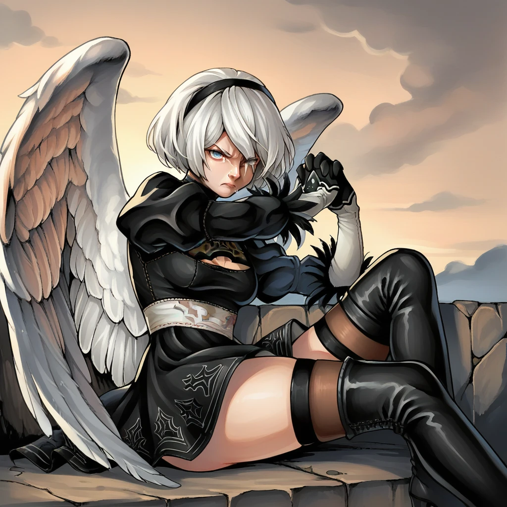 zPDXL2,score_9, score_8_up, score_7_up, score_6_up, score_5_up, score_4_up, source_anime, 1girl , solo, outdoors, stormy, traditional media, painting style, 2b_(nier:automata), black dress, thigh boots, white hair, <lora:Fallen_Angel:0.8>f4llen4ngel, sitting, looking at viewer, feathered wings, own hands together, hands clasped, knee up, tears