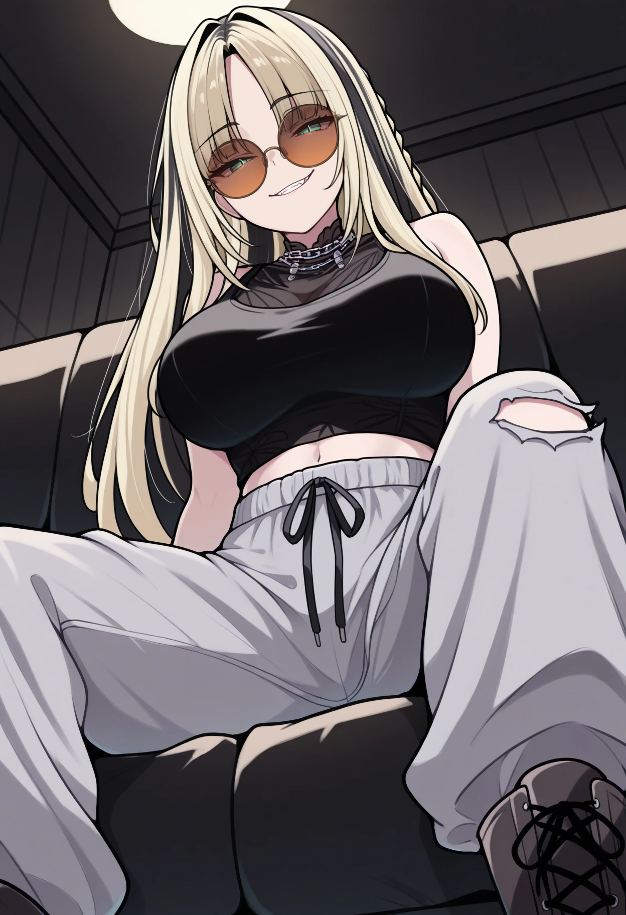 masterpiece, best quality, 1girl, solo, KoganeiDefault, green eyes, slit pupils, multicolored hair, blonde hair, black hair, long hair, side braid, parted bangs, sunglasses, chain necklace, black shirt, sleeveless, covered collarbone, see-through shirt, midriff peek, bare arms, grey sweatpants, torn pants, lace-up boots, sitting, lounging, on sofa, indoors, smirk, dark theme, from below, wide shot, <lora:ChamKoganeiNikoIllustriousXL:1>