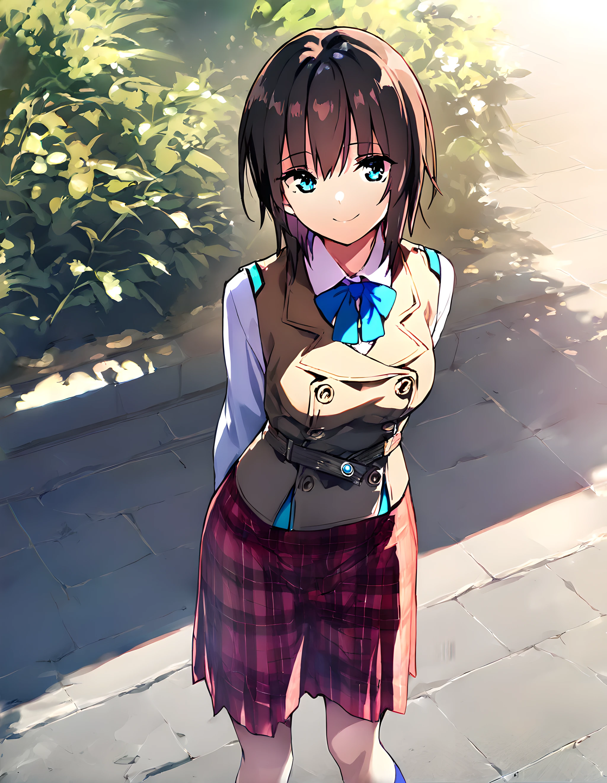 <lora:illustrious_XL_aoi:0.9>,aoi,masterpiece,best quality,good quality,1girl,solo,school uniform,vest,white collared shirt,long sleeves,blue bowtie,red skirt,plaid skirt,blue socks,outdoor,standing,cowboy_shot,looking_at_viewer,smile,arms_behind_back,