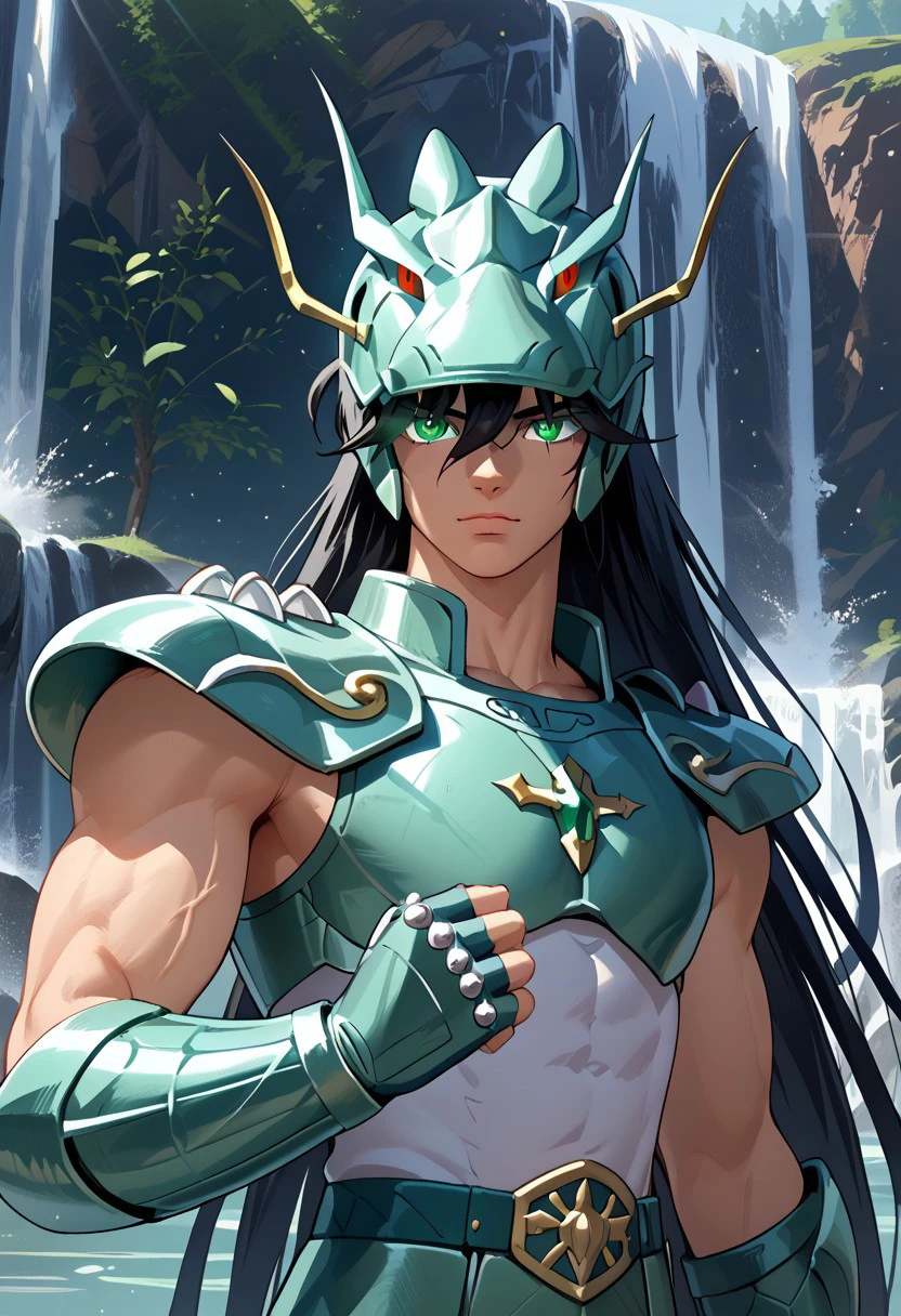 score_9, score_8_up, score_8, score_9, masterpiece, portrait, upper body focus, close shot, ultra high quality, hd render, male focus, Shiryu, young twink, very long hair, black hair, long bangs, hair over eyes, green eyes, glowing eyes, light skin, chinese boy, handsome boy,
green armor, helmet, dragon helmet, pauldrons, shoulder pads, vambraces, gauntlets, gloves, fingerless gloves, chest plate,
narrow features, standing, dynamic pose, dynamic shot, looking at viewer, waterfall background, hd render, high quality,