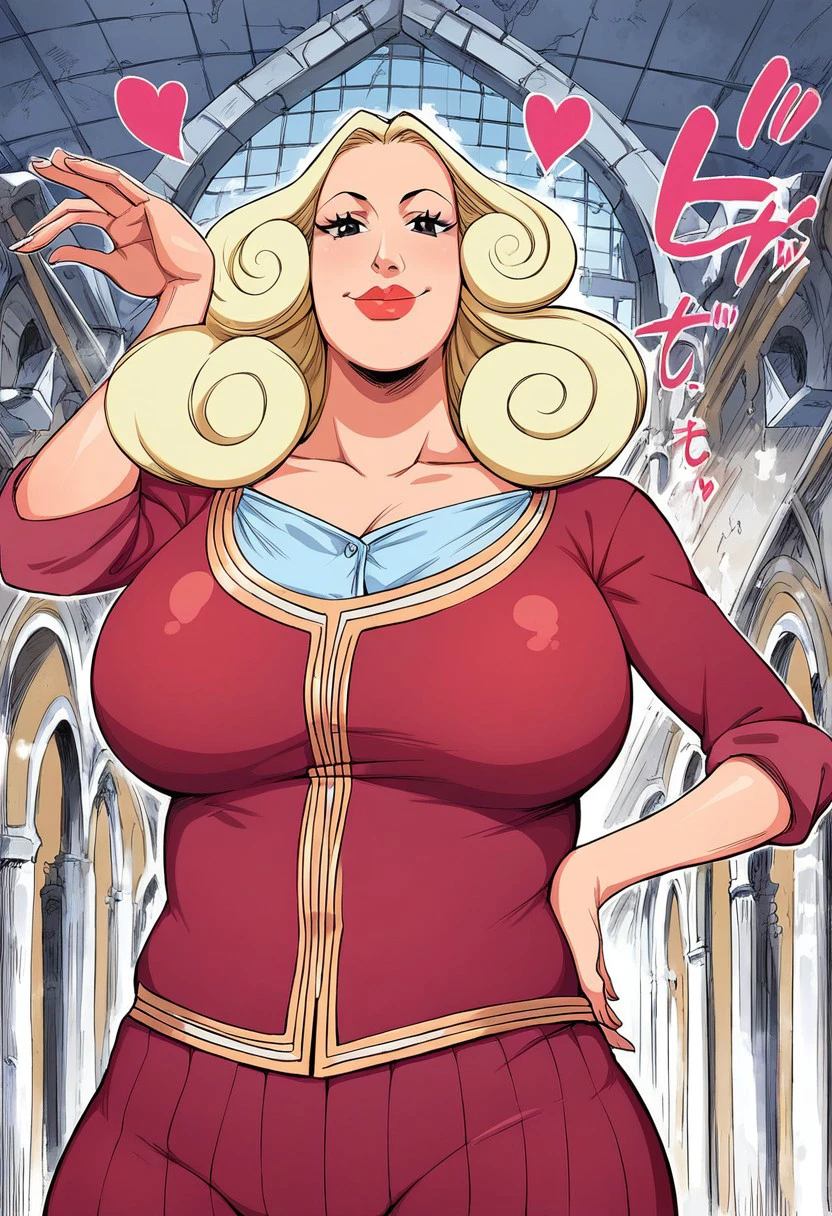 TerracottaOP, 1girl, solo,  big woman, large woman, chubby, mature woman, blonde hair, curly hair, black eyes, lips, lipstick, large breast, dark red tunic, light blue shirt, striped skirt, shoes, smile,detailed hand,
seductive pose, sexy pose, tease,  in the spotlight,ruins , 
score_9, score_8_up, score_7_up, perfect eyes, seductive smile, perky tits, perfect tits, round breasts, nipples , wide hips, toned ass, expressive ass, firm butt, round buttocks, huge labia, cleft of venus, puffy labia, cameltoe, toned female, curvy body, athletic girl, fit girl, sexual aura, flirt, hearts, pin up pose, smug, better than you, aura of temptation, action angle, looking at viewer, perspective, overall detail, beautiful aesthetic, very intricate, high quality details, vibrant, highly detailed, professional, anime artwork, anime style, high resolution, dynamic lighting, cinematic, masterpiece, detailed clother, detailed background, ((sound effects)) comic layout,