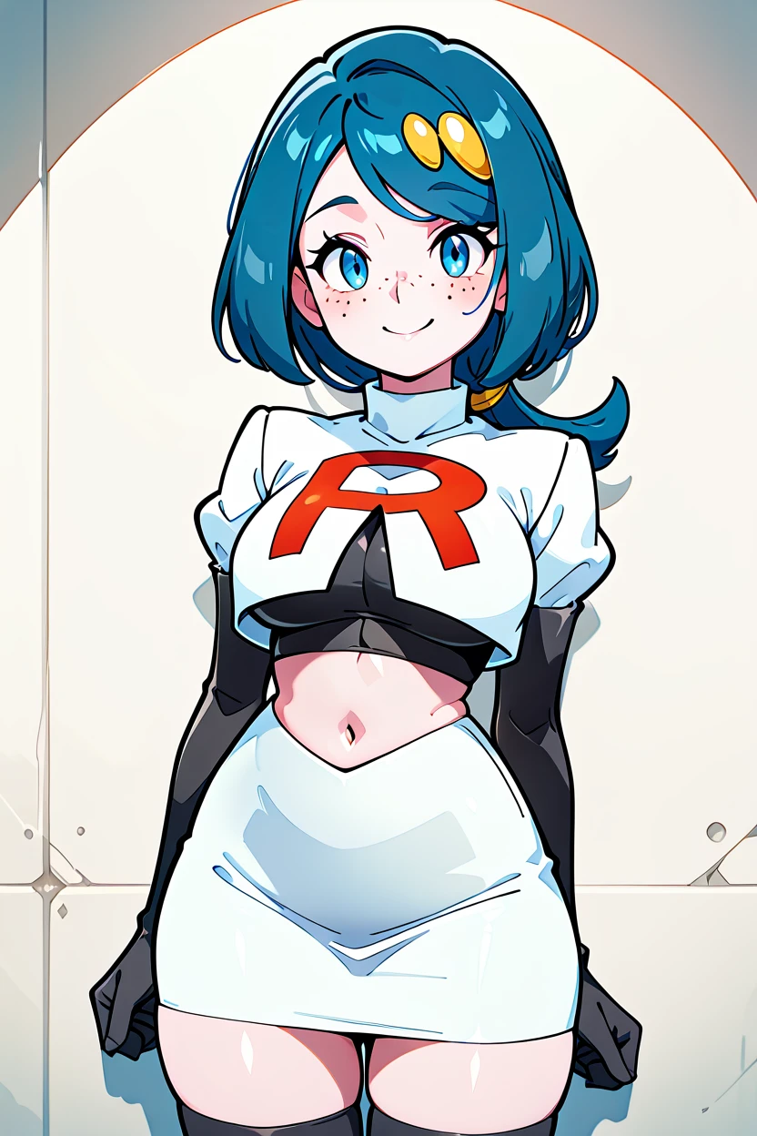 masterpiece, best quality, 32k, high resolution, absurdres, medium breasts, (curvy), cute, eyelashes, vivid colors, BREAK  ,,, zzLanasMother, blue hair, blue eyes, long hair, freckles, large breasts, hair ornament, <lora:LanasMotherPokemonIXL_v2:1.0>,   ,,,,,,solo, smile, looking at viewer, Cosplay_TeamRocket, team rocket uniform, white jacket, cropped jacket, white skirt, elbow gloves, black thighhighs, zettai ryouiki, <lora:CosplayTeamRocketIXL:1.0>, <lora:GoldenCATLoraIXL:0.6>,