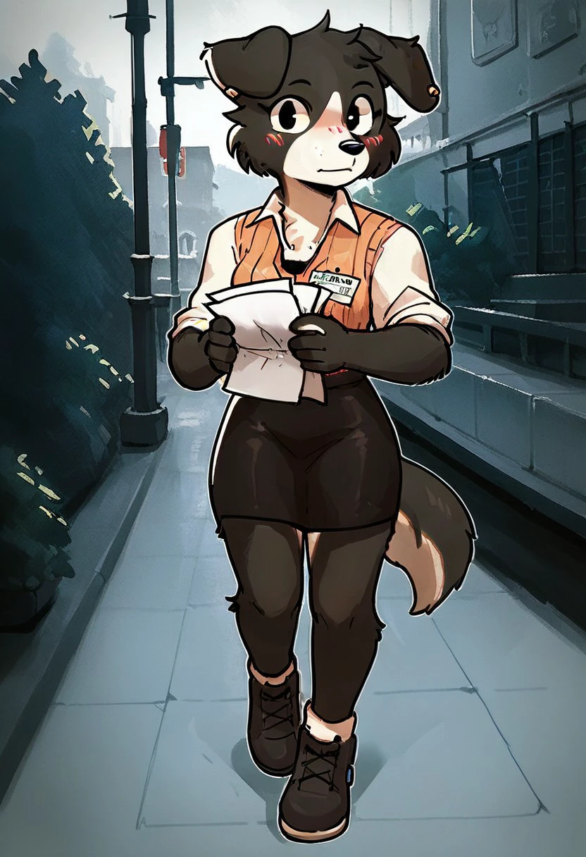 source_furry, score_9, score_8_up, score_7_up, lucyAdams, canine, grey fur, white fur, two-tone fur, standing, outdoors, ear piercing, border collie, female, furry, solo, 1girl, holding papers, blush, looking at viewer, collared shirt, shoes, skirt