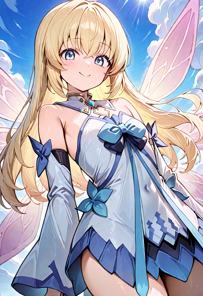 masterpiece,best quality,absurdres,perfect lighting,sky,cloudy sky,
*//*,<lora:ColetteBrunel-v3.0:1>,colettebrunel_a,1girl,blonde hair,long hair,blue eyes,short dress,detached sleeves,bare shoulders,blue jewelry,fairy wings,
*//*,looking at viewer,cowboy shot,dutch angle,upper body,smile,