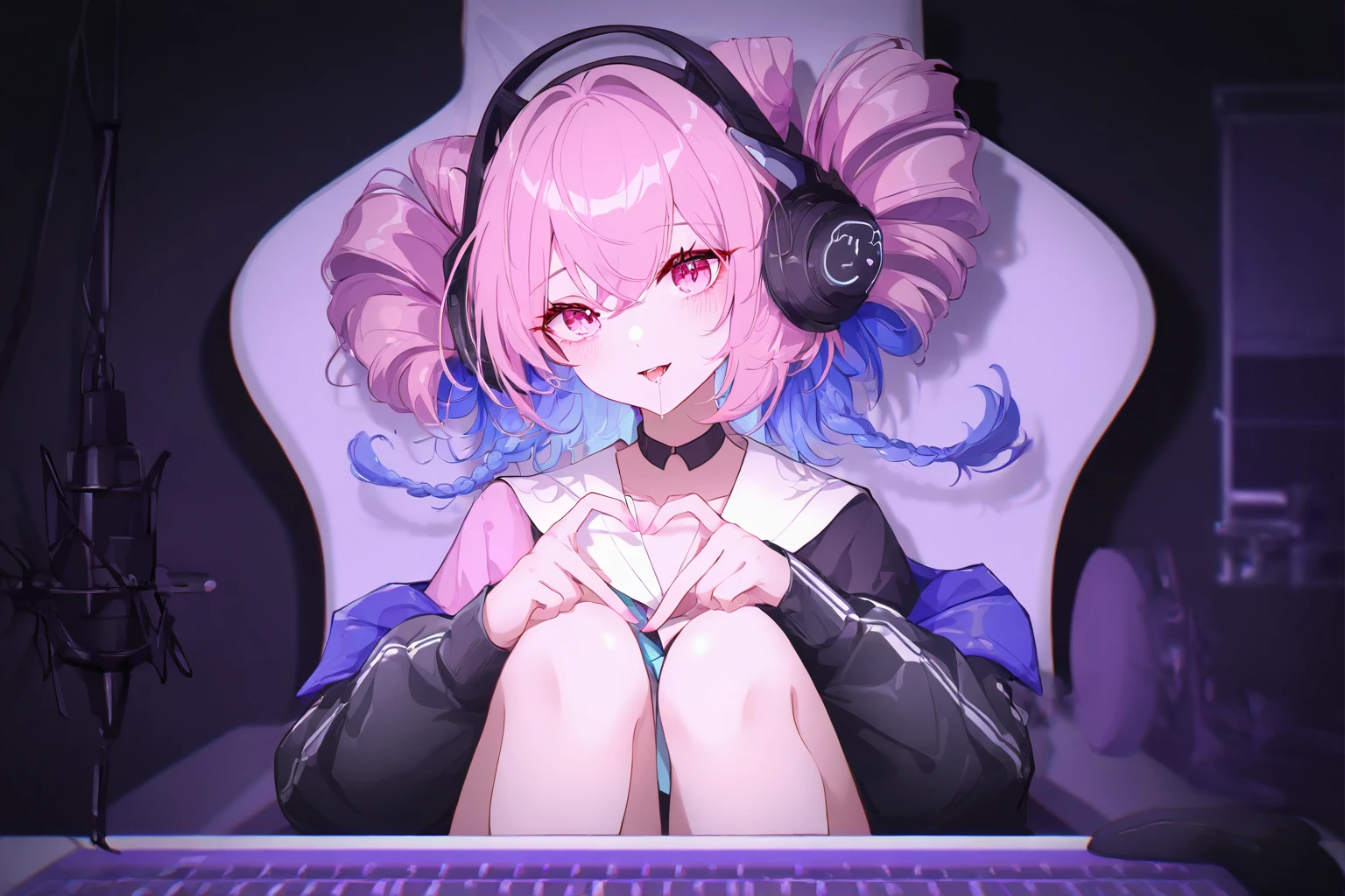 1girl, solo , portrait ,close-up ,across_table, (by kana616:0.8), [(by hen-tie:1.3)|(by kagami_\(galgamesion\):1.2)], (by kinokohime:1.2), (by yatsuha_\(hachiyoh\):0.8), year 2024, (studio microphone,boom microphone :1.3), u-offical, headphones, pink hair ,blue hair, twin drills, sailor collar, black choker, skirt, jacket, two-tone shirt, black choker, after kiss ,saliva trail ,parted lips ,leaning forward ,smile,happy,head tilt, indoors ,dark, computer keyboard ,computer mouse ,heart hands, looking at viewer ,screen light ,sitting ,gaming chair ,knees up, masterpiece, best quality, newest, absurdres, highres,, <lora:u-offical_v1-000018:1>