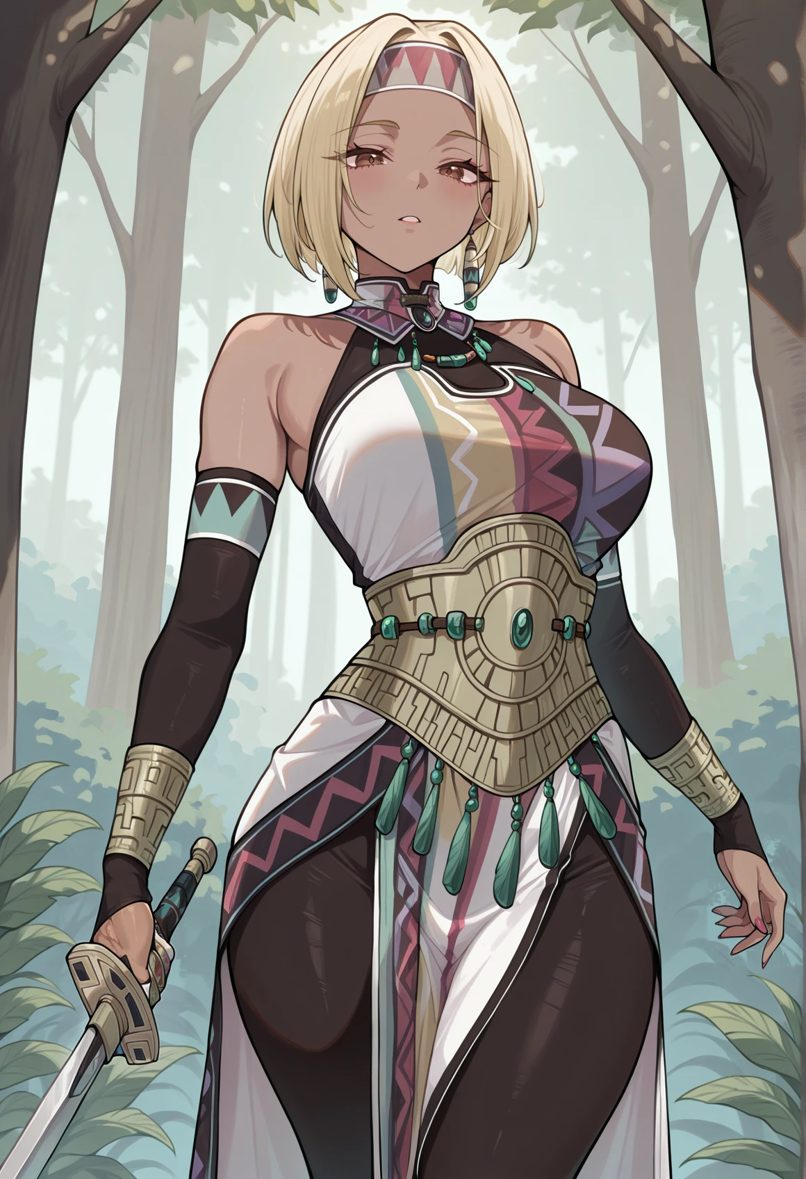 1girl, dark skin, brown eyes, blonde hair, headband, multicolored clothes, detached sleeves, bracelet, jewelry, pelvic curtain, leggins, holding sword, outdoors, forest, looking at viewer  <lora:Lucia_Suiko_Illus:1>, masterpiece, best quality, amazing quality, very aesthetic, absurdres, highres, newest