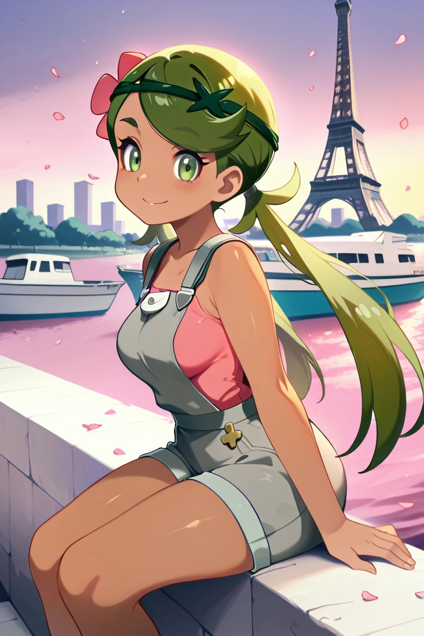 masterpiece, best quality, medium breasts, (curvy)  ,,,BREAK, zzMallow, green hair, green eyes, hair flower, hair ornament, grey overalls, pink shirt, sleeveless, grey shorts, <lora:MallowPokemonIXL_e09:1.0>,,,, zzEiffelTower in background, eiffel tower in background, sitting, watercraft, boat, sitting on wall, side view, looking at viewer, smile,,, blooming stars, luminescent petals, otherworldly fragrance blurry background, <lora:EiffelTowerIXL_v2:1.0>, <lora:ZankuroIXLLight_v2:0.6>,