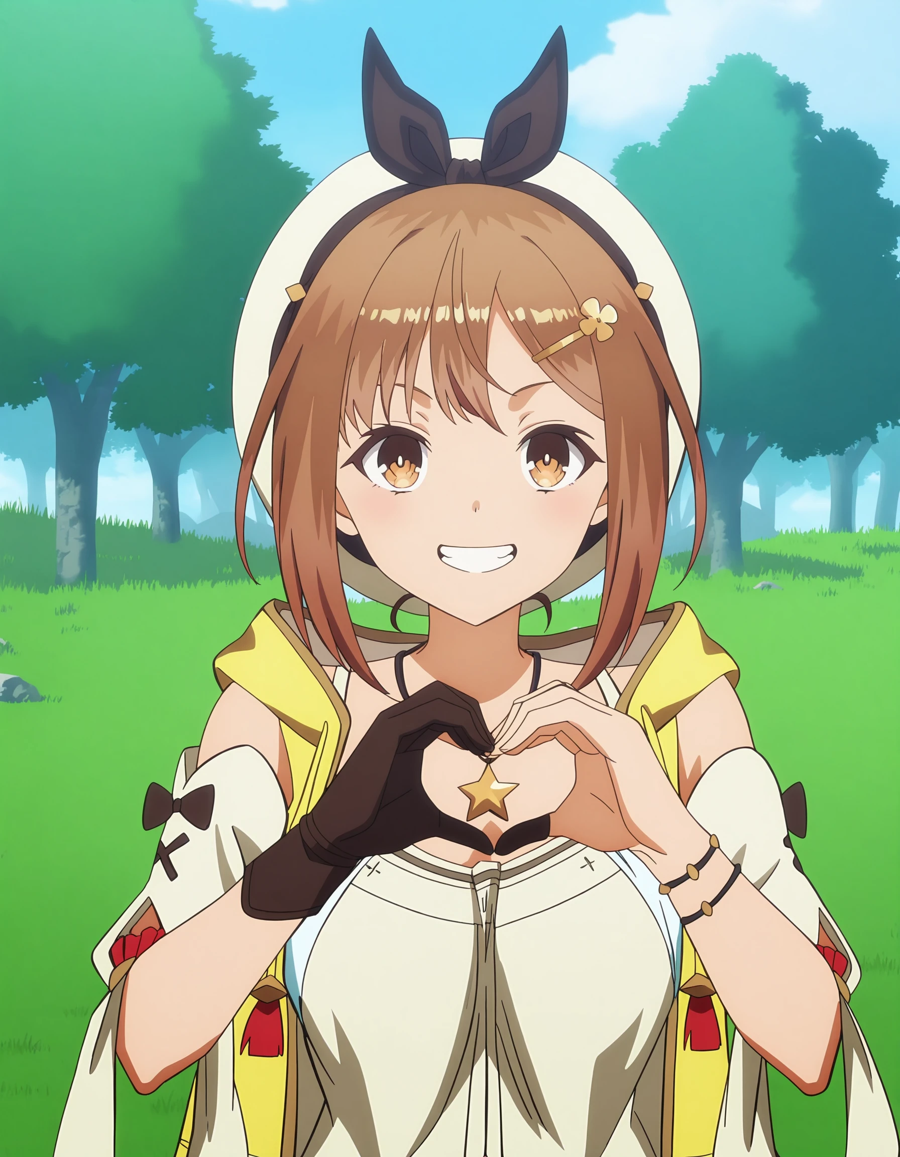 anime screencap, best quality, 
outside, grass, trees, sky, 1girl
looking at the viewer, big smile, teeth,
 <lora:Reisalin_Ryza_Stout_-_Illustrious_XL_edition:.8>, 1girl, solo, Ryza, short hair, Brown hair, hairclip, brown eyes, hat, star necklace, jewelry, gloves, upper body shot, happy girl, big smile, mouth open,
heart hands, own hands together