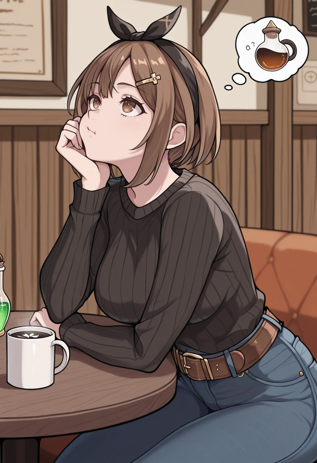 masterpiece, best quality, 1girl, solo, ReisalinStout, short hair, hairclip, black bow hairband, black sweater, belt, jeans, sitting, indoors, cafe, table, coffee mug, pensive, thinking, thought bubble, potion, alchemy, looking up, cheek rest, <lora:ChamReisalinStoutIllustriousXL:1>