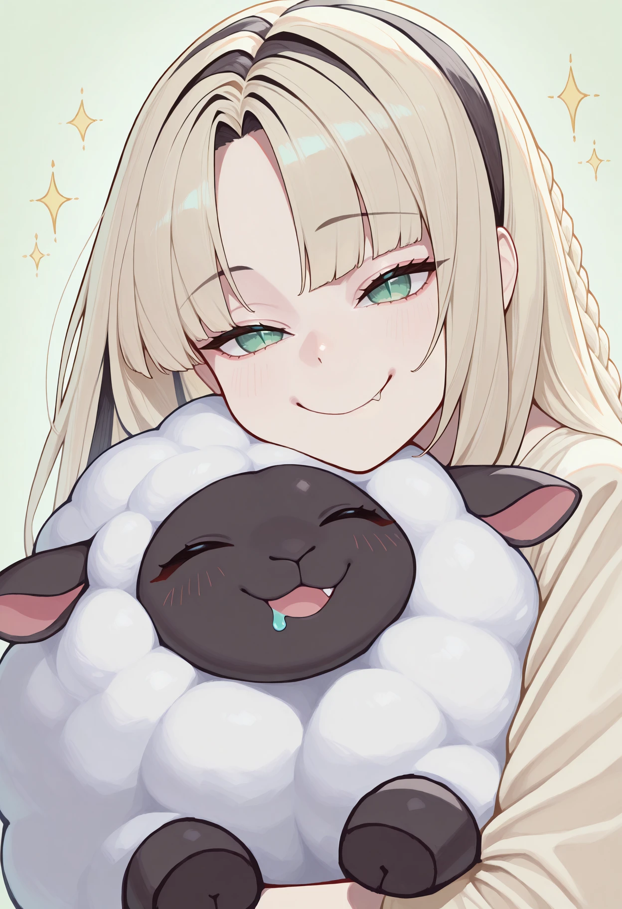 masterpiece, best quality, 1girl, solo, KoganeiNiko, green eyes, slit pupils, multicolored hair, blonde hair, black hair, long hair, side braid, parted bangs, sparkles, big smile, wholesome, hugging, hug, hugging sheep, sheep, looking at sheep, drooling, hungry, fang, <lora:ChamKoganeiNikoIllustriousXL:1>