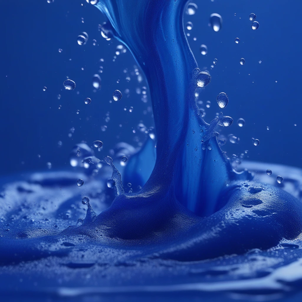 blueslimedx, Close-up of a blue liquid splash. the liquid appears to be made up of multiple droplets of different sizes and shapes, creating a wave-like effect. the droplets are arranged in a way that they form a tree-like shape, with the topmost droplet being the largest and the bottommost being the smallest. the background is dark blue, making the blue color of the liquid stand out even more. the overall mood of the image is dynamic and fluid, with a sense of movement and energy.