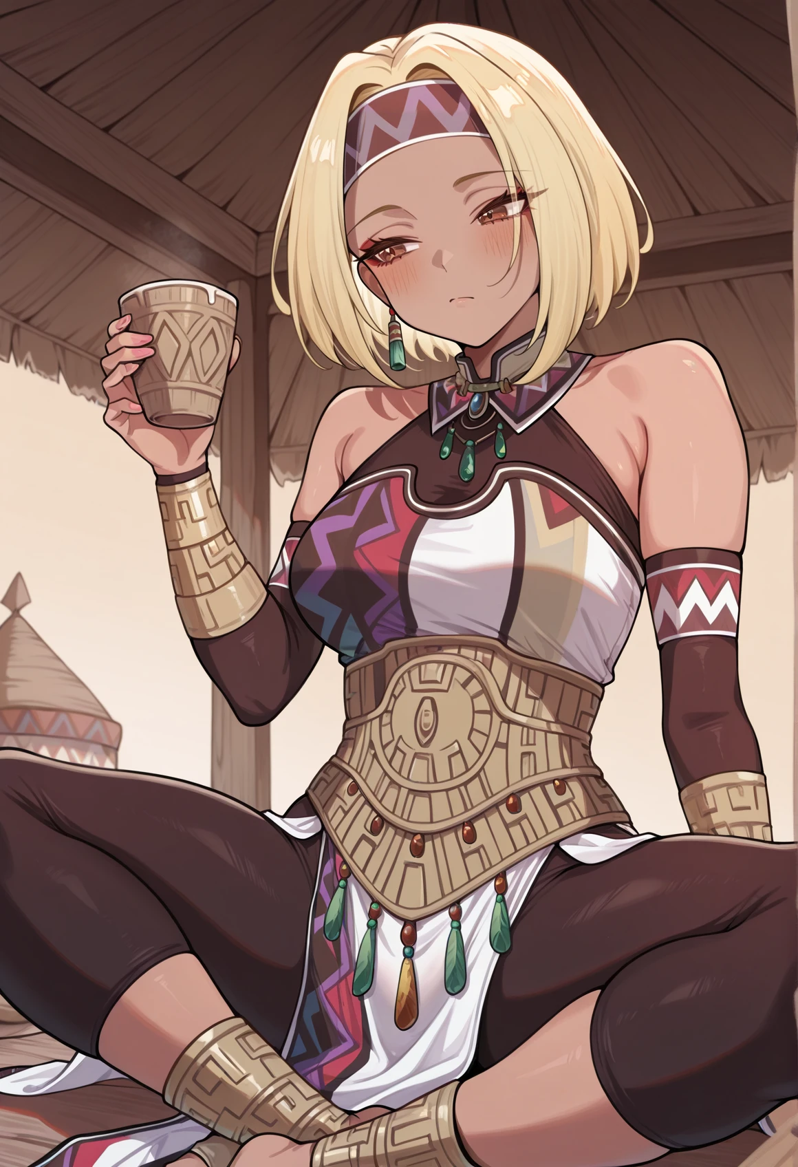 1girl, dark skin, brown eyes, blonde hair, headband, multicolored clothes, detached sleeves, bracelet, jewelry, pelvic curtain, leggins, sittting, indian style, hut, holding cup  <lora:Lucia_Suiko_Illus:1>, masterpiece, best quality, amazing quality, very aesthetic, absurdres, highres, newest