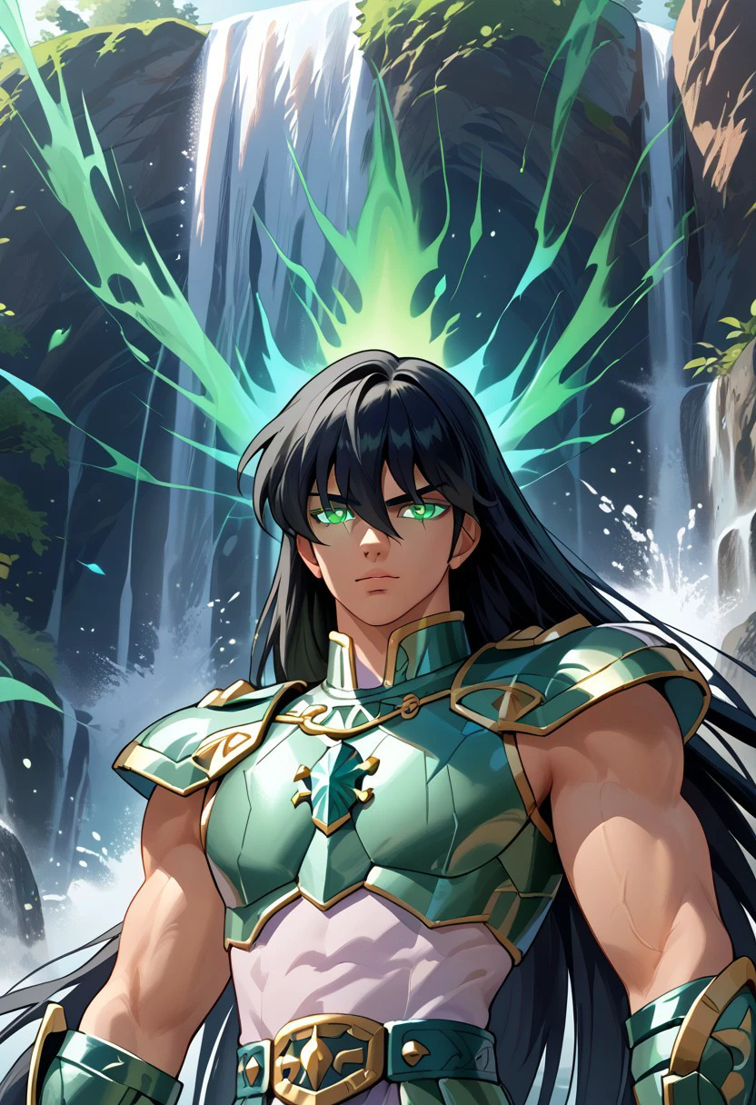 score_9, score_8_up, score_8, score_9, masterpiece, portrait, upper body focus, close shot, ultra high quality, hd render, male focus, Shiryu, young twink, very long hair, black hair, long bangs, hair over eyes, floating hair, green eyes, glowing eyes, light skin, chinese boy, handsome boy,
green armor, bara head, pauldrons, shoulder pads, vambraces, gauntlets, gloves, fingerless gloves, chest plate, green aura, body aura, aura glowing, 
narrow features, standing, front side view, dynamic pose, dynamic shot, dynamic angle, looking at viewer, waterfall background, hd render, high quality,