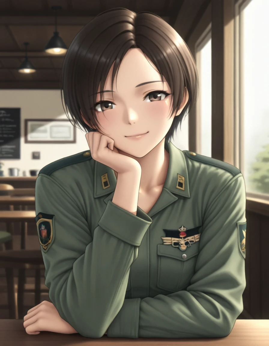 <lora:nagase-kei-ac5-v2-illustrious-000030:1> n4g4s3ke1, military uniform
1girl, solo, cafe, smile
masterpiece, best quality, masterpiece, best quality