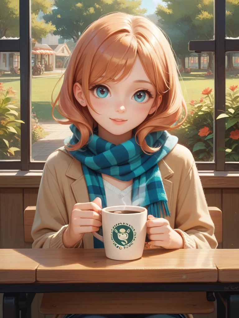 score_9, score_8_up, score_7_up, score_6_up, A three-quarter view of an high school girl in a cozy café, wearing a casual outfit with a scarf. Her hair is short and cute, and she holds a cup of coffee, looking at a friend.