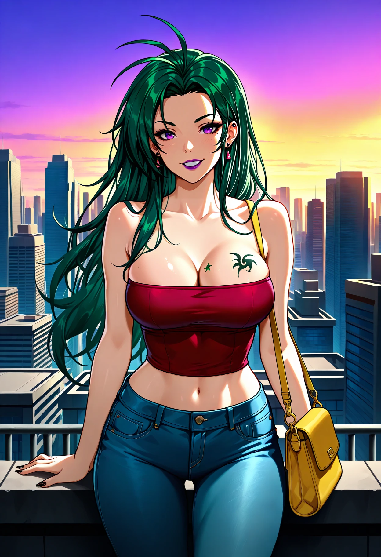 masterpiece, best quality, 1girl, looking at viewer, happy, handbag, fake nails, black nails, <lora:PetrineFE-illu:1> petrineFE, long hair, dark green hair, antenna hair, purple eyes, bare arms, strapless, purple lips, earrings, cleavage, breast tattoo, red tube top, midriff, jeans, rooftop, city, skyscraper